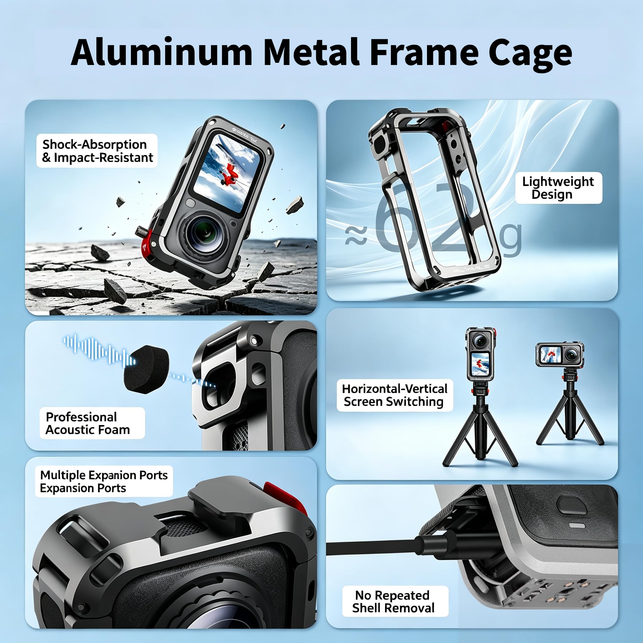 Zestaw akcesoriów ochronnych 6 w 1 do Insta360 X6, w zestawie osłona obiektywu premium Insta 360 X6, aluminiowa metalowa rama, 2 szt. ochraniaczy ekranu ze szkła hartowanego, akcesoria do zestawu