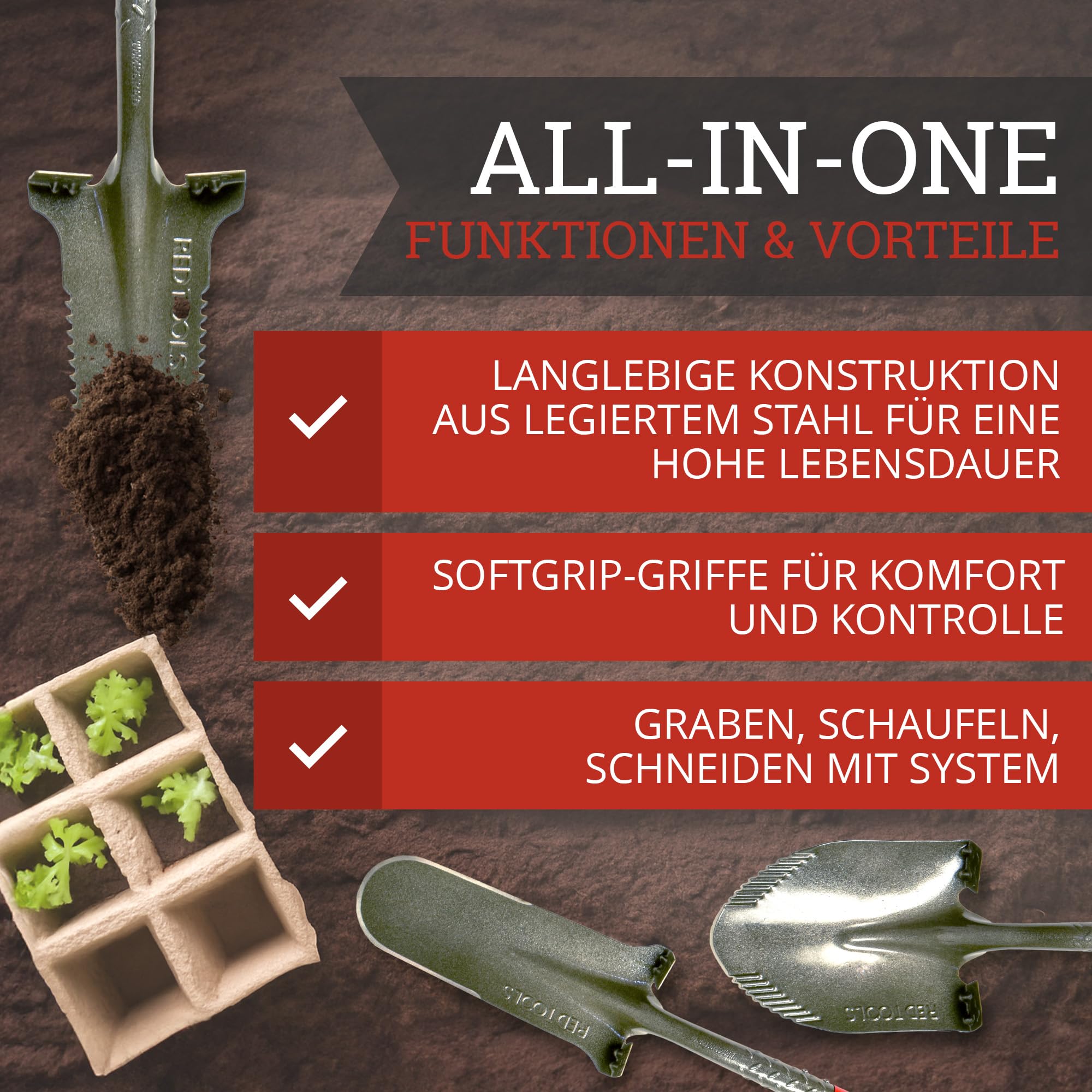 Profi Spaten Set - Robustes Garten Werkzeug inkl. Gärtnerspaten mit Wurzelsäge, Drainagespaten und Schaufel - für alle Gartenprojekte geeignet (Grau)