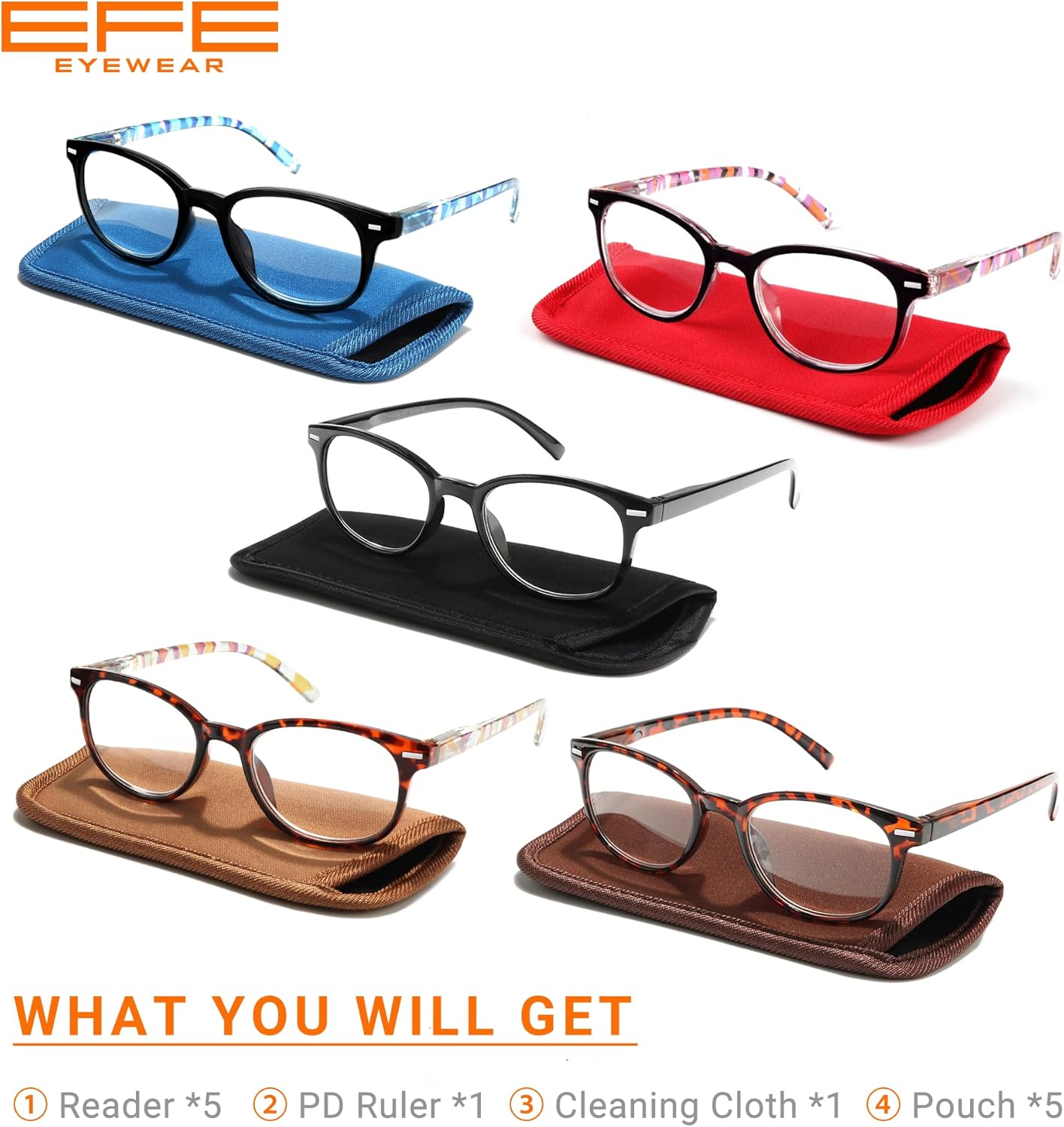EFE Reading Glasses 5 Pack - Flexible Spring Hinge, Stylish Readers with Square Frame for Women Men (Mix Color, 1.5) : Health & Household
