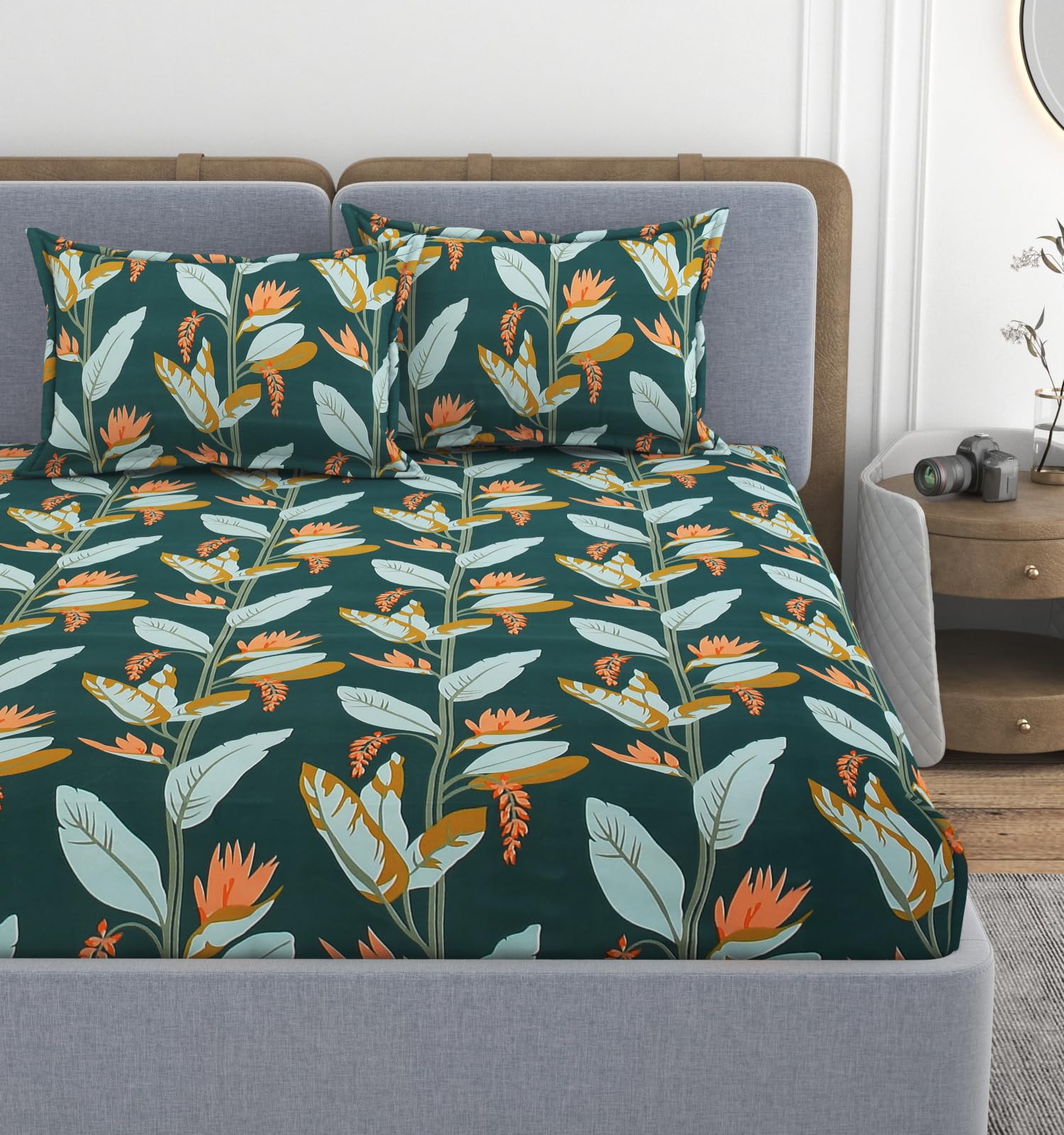 VOMZER 300 TC Cotton Feel All Around Elastic Fitted Double King Size Bedsheets, Supersoft Fitted Double Bedsheets with 2 Pillow Covers 72”x78” (Green)