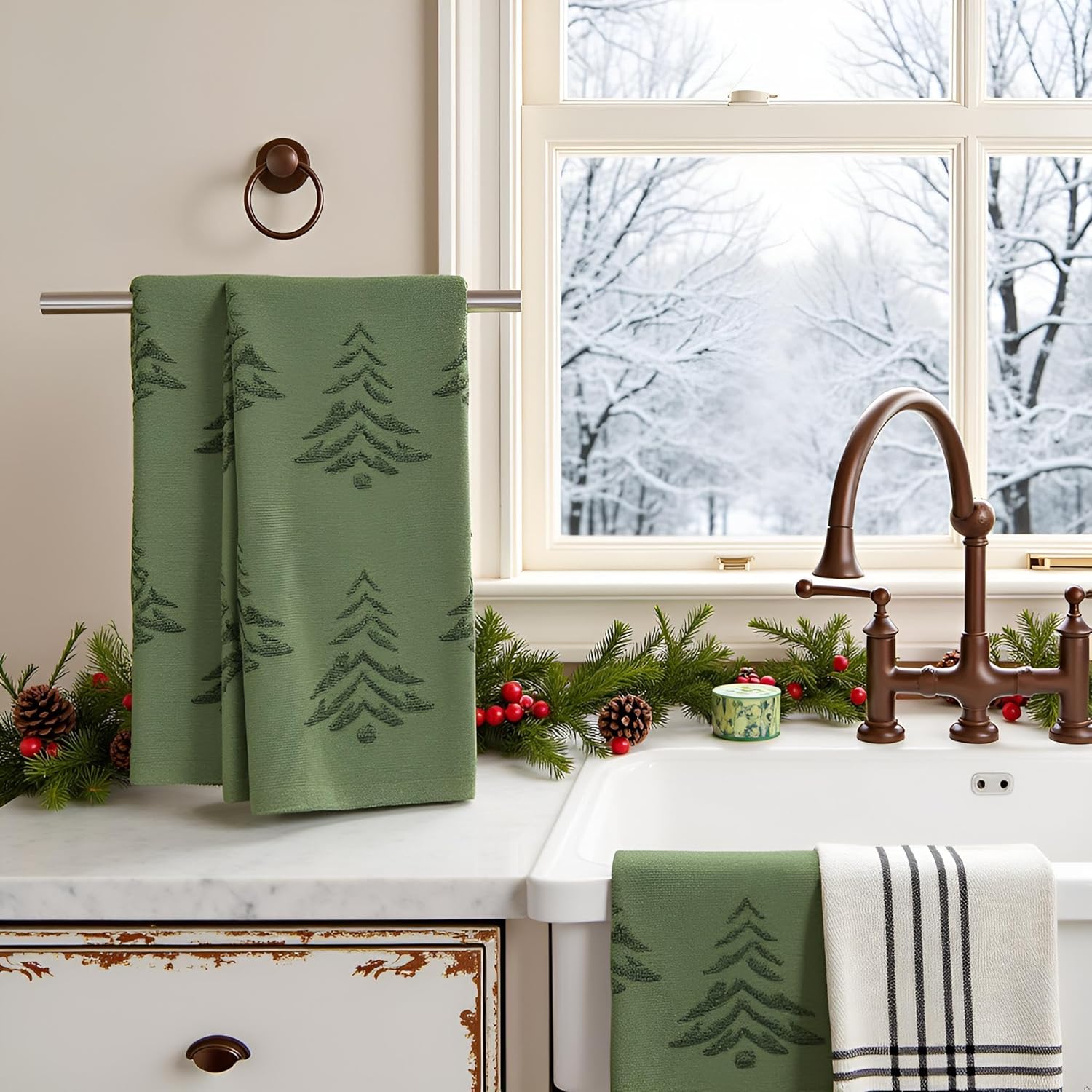 2 Pack Christmas tree Hand Towels 100% Cotton Jacquard holiday Kitchen dish Towels Retro Neutral Olive Green Bathroom Towels Set gift Seasonal Xmas Winter Bathroom Decor (Olive Green Christmas tree) - Image 6
