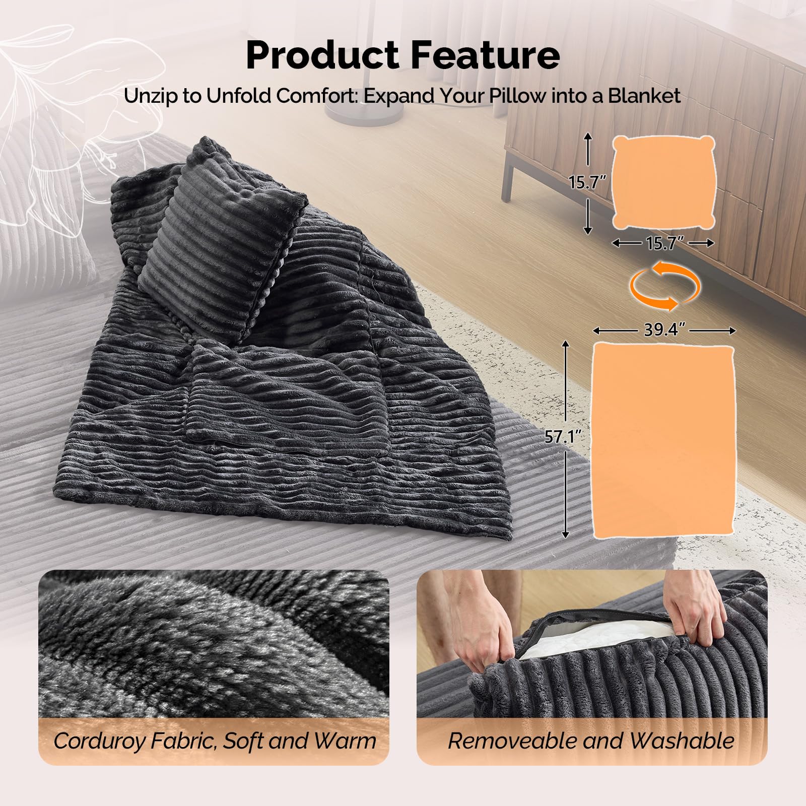 VINGLI Convertible Futon Sofa Bed, Upholstered Corduroy Boneless Couch King Size Floor Loveseat Sleeper Sofa with 2-in-1 Throw Pillow & Blanket Couches for Living Room, Bedroom, Lounge, Dark Gray