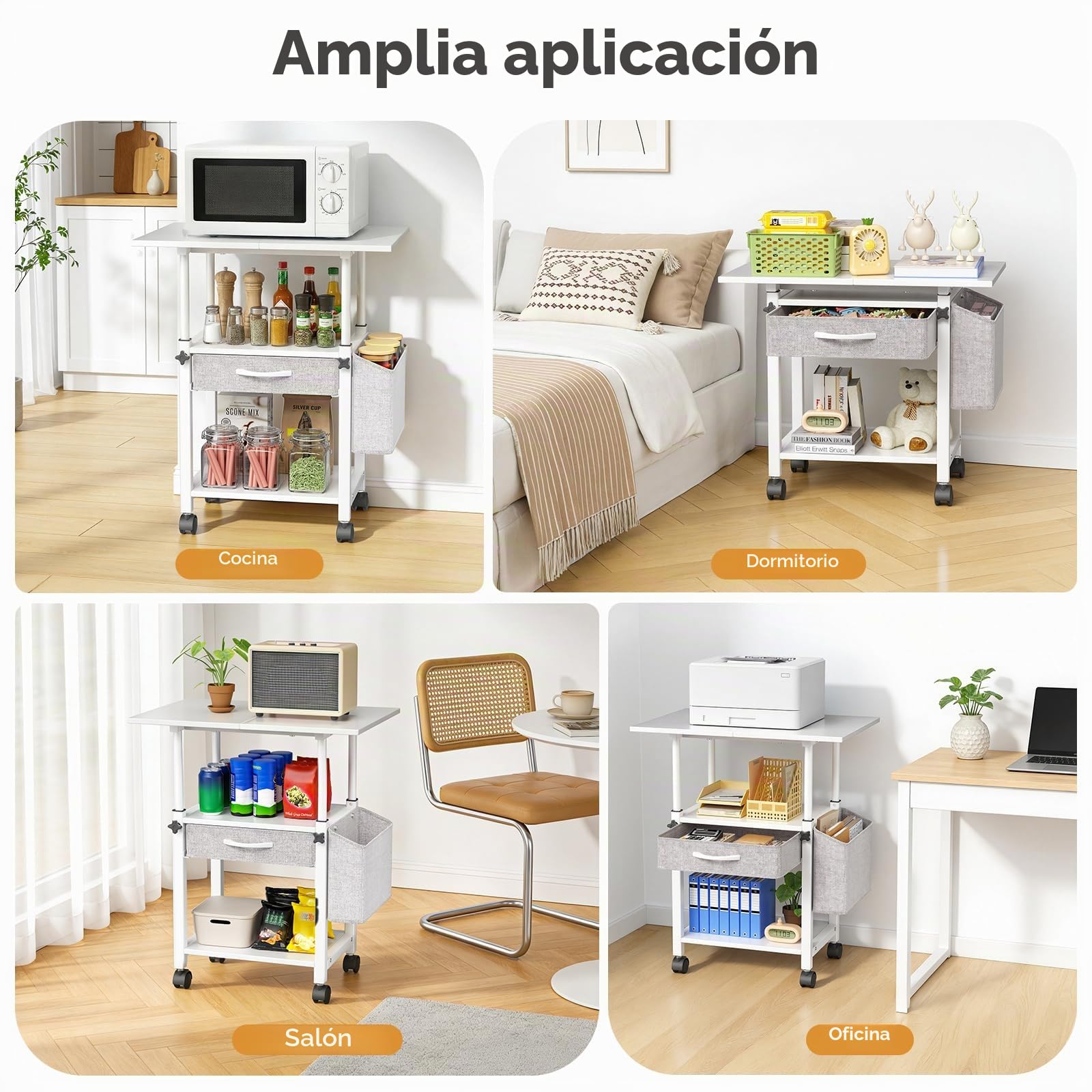 Mesa de impresión con ruedas Soporte de impresora de 3 niveles, mesa de impresora con cajón y bolsillo lateral, carrito grande con ruedas con estante ajustable para oficina y hogar (1)