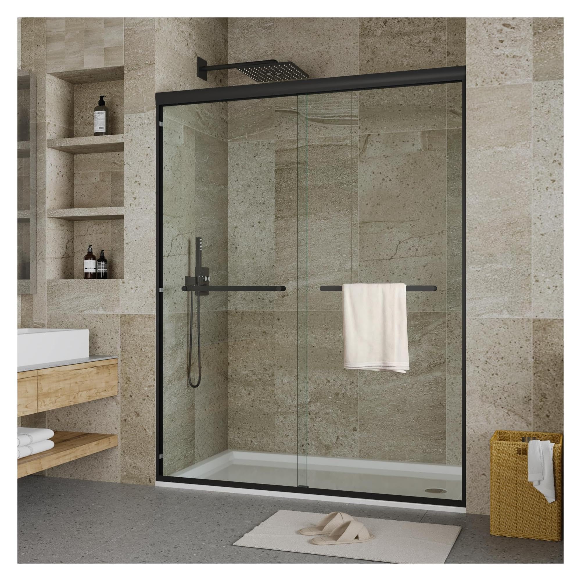 GarveeTech 44" - 48" W x 72" H Semi-Frameless Double Sliding Shower Door, Bypass Walk-in Shower Enclosure with 1/4" Tempered Glass, Matte Black Finish