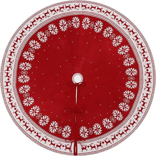 Miniatura 4 de Dremisland Falda de árbol de Navidad, alfombra rústica para árbol de Navidad con copo de nieve, renos de punto rojo, faldas de árbol de Navidad,