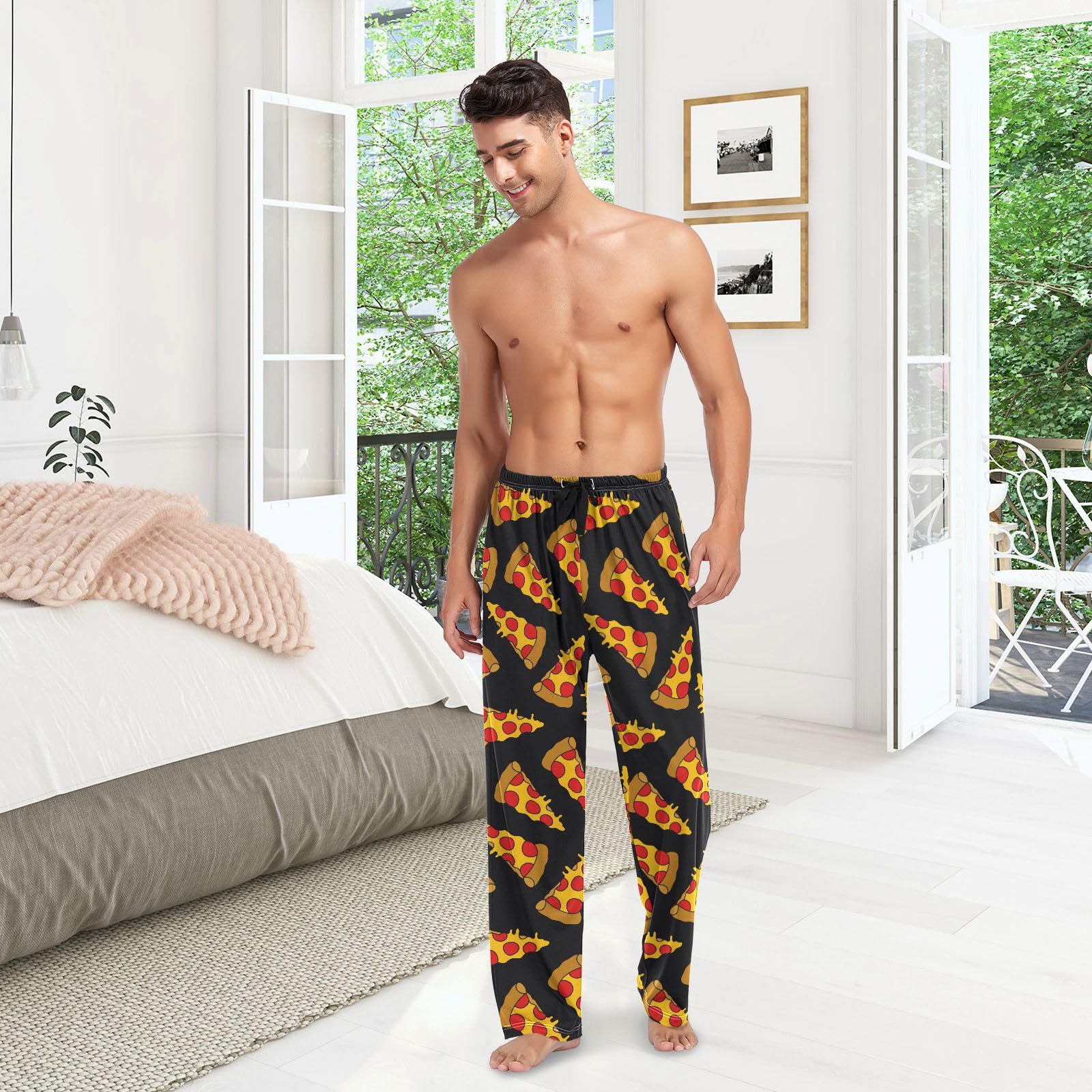 Black Doodle Pizza Mens Pajama Pants Lounge Bottoms Soft Sleep