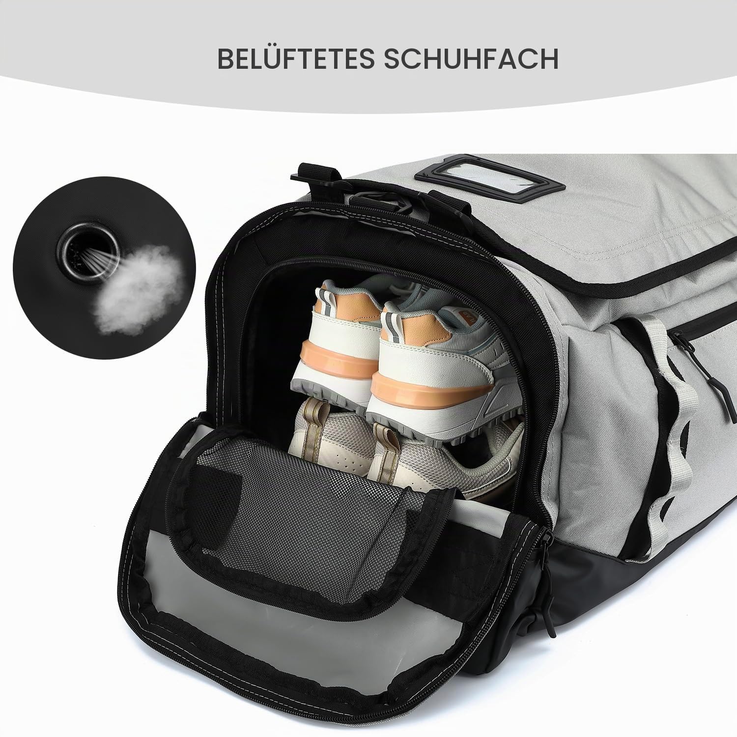 Reisetasche Herren Große 70L Sporttasche Rucksack mit Schuhfach Wasserdicht Gym Trainingtasche Damen Weekender Duffel für Reisen Sport Fitness, Grau
