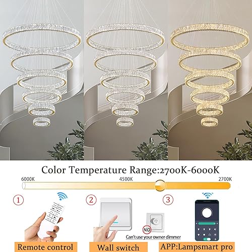 Miniatura 4 de Candelabro de anillo extragrande moderno LED dorado con 6 anillos para techo alto, lámparas de cristal largas D8+15.7+23.6+31.5+39.4+47.5 pulgadas