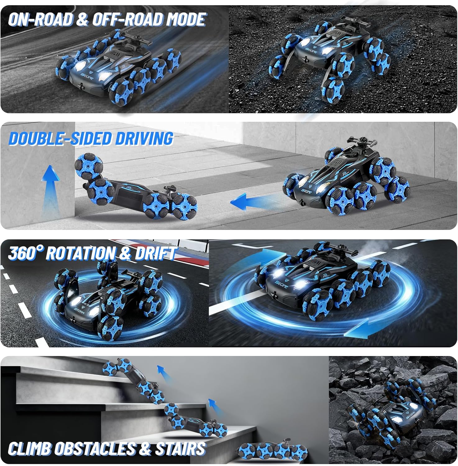 8WD Remote Control Stunt Car with Music Light Mist Spray, RC Drift Car Toys for Kids 6+, 2.4GHz Remote, Double Sided Driving, 360° Spins, Off-Road Stunt Vehicle, Birthday Gifts for Boys Girls
