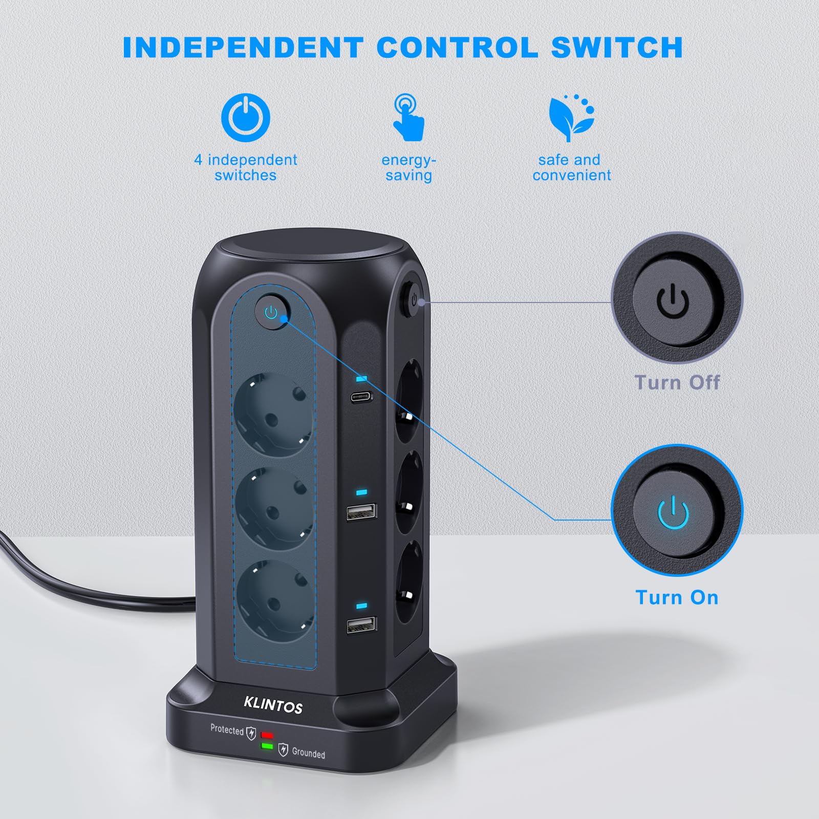 Ciabatta Multipresa, Torretta Multipresa con 12 prese e 4 USB-A & 2 USB C, Multipresa Verticale con 3 interruttori indipendenti, 1500J protezione sovratensione multipresa con cavo da 2 metri