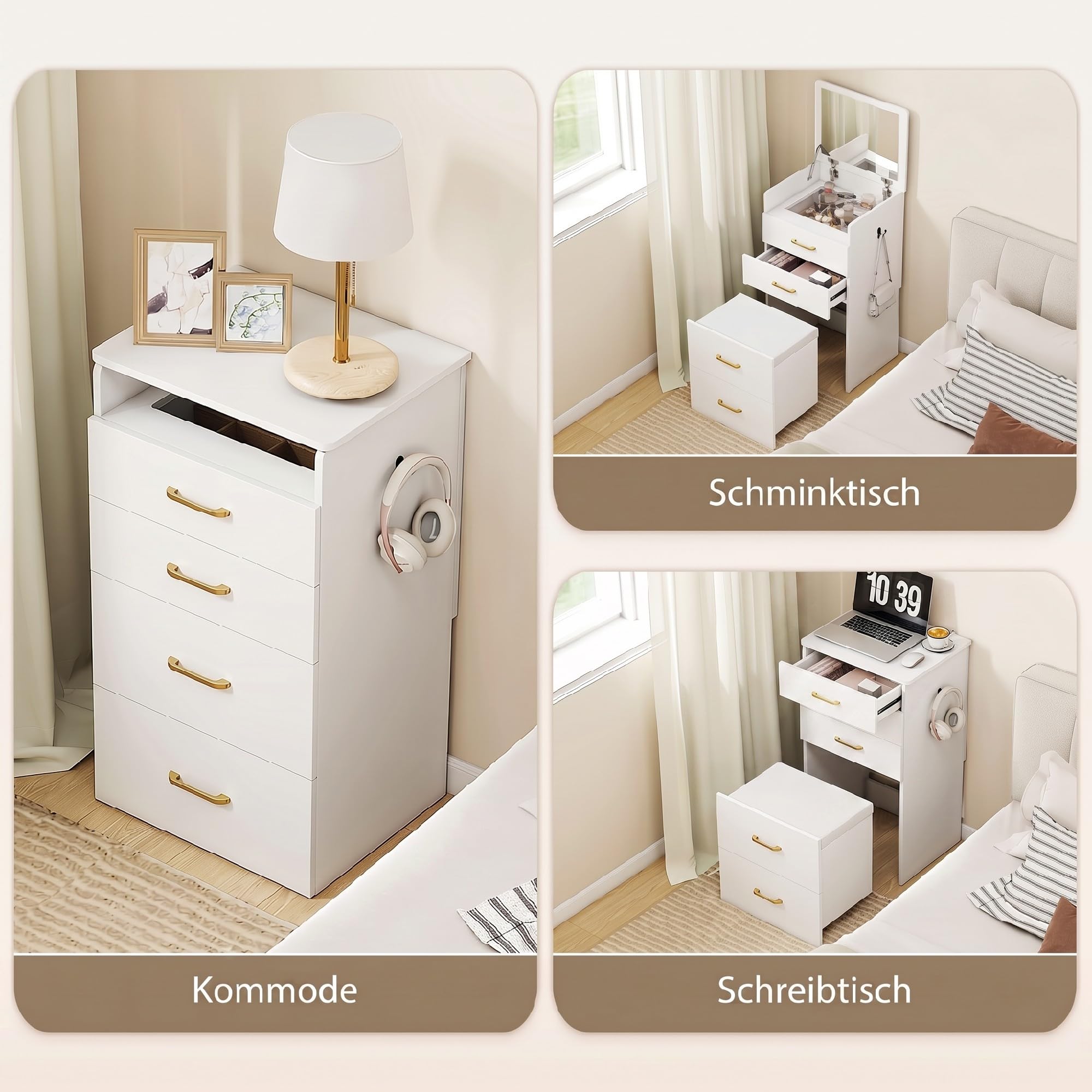 HOMCOM 3 in 1 Schminktisch mit Rollhocker Kosmetiktisch Klappspiegel Weiß