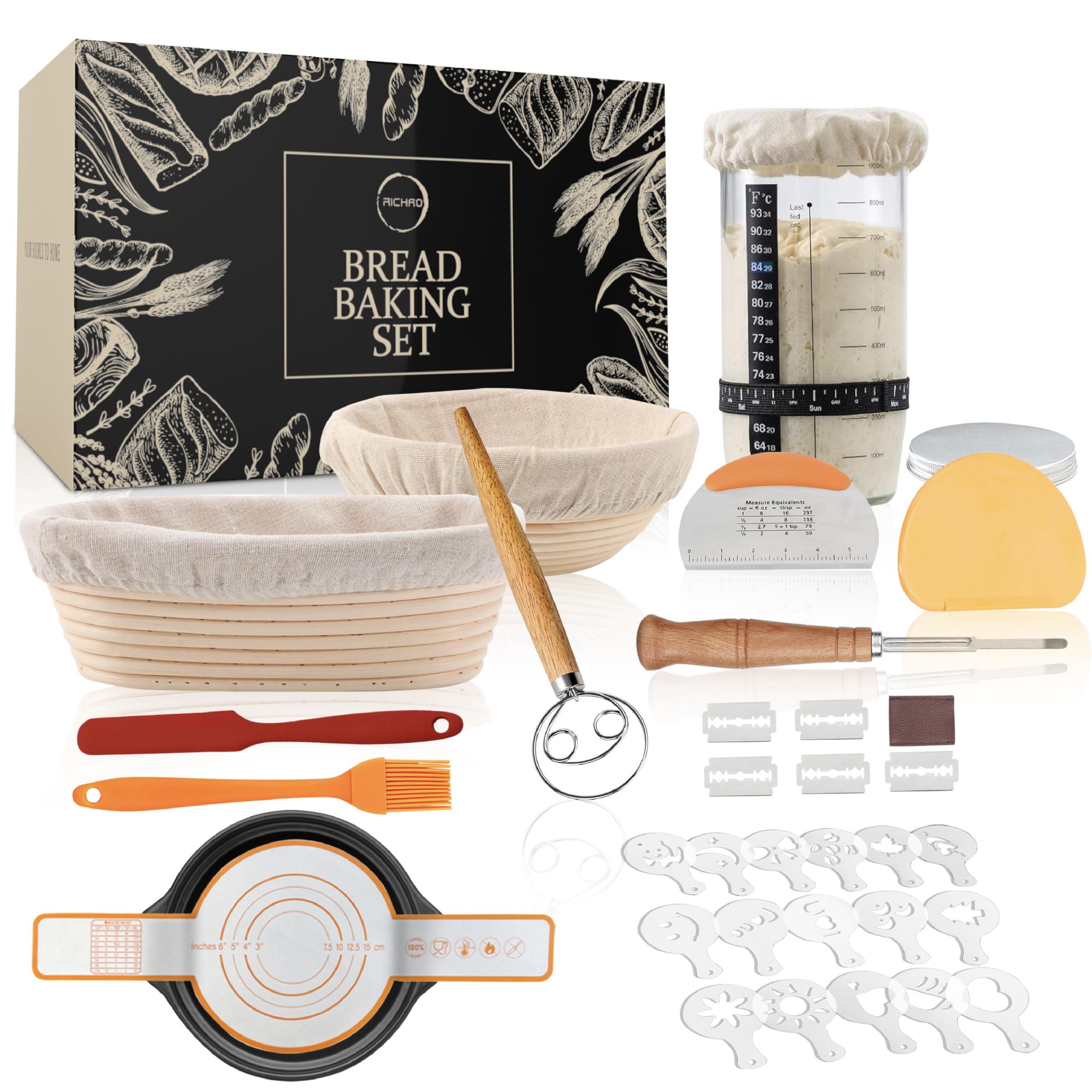 Banneton Bread Proofing Basket Set Sourdough Starter Kit 9