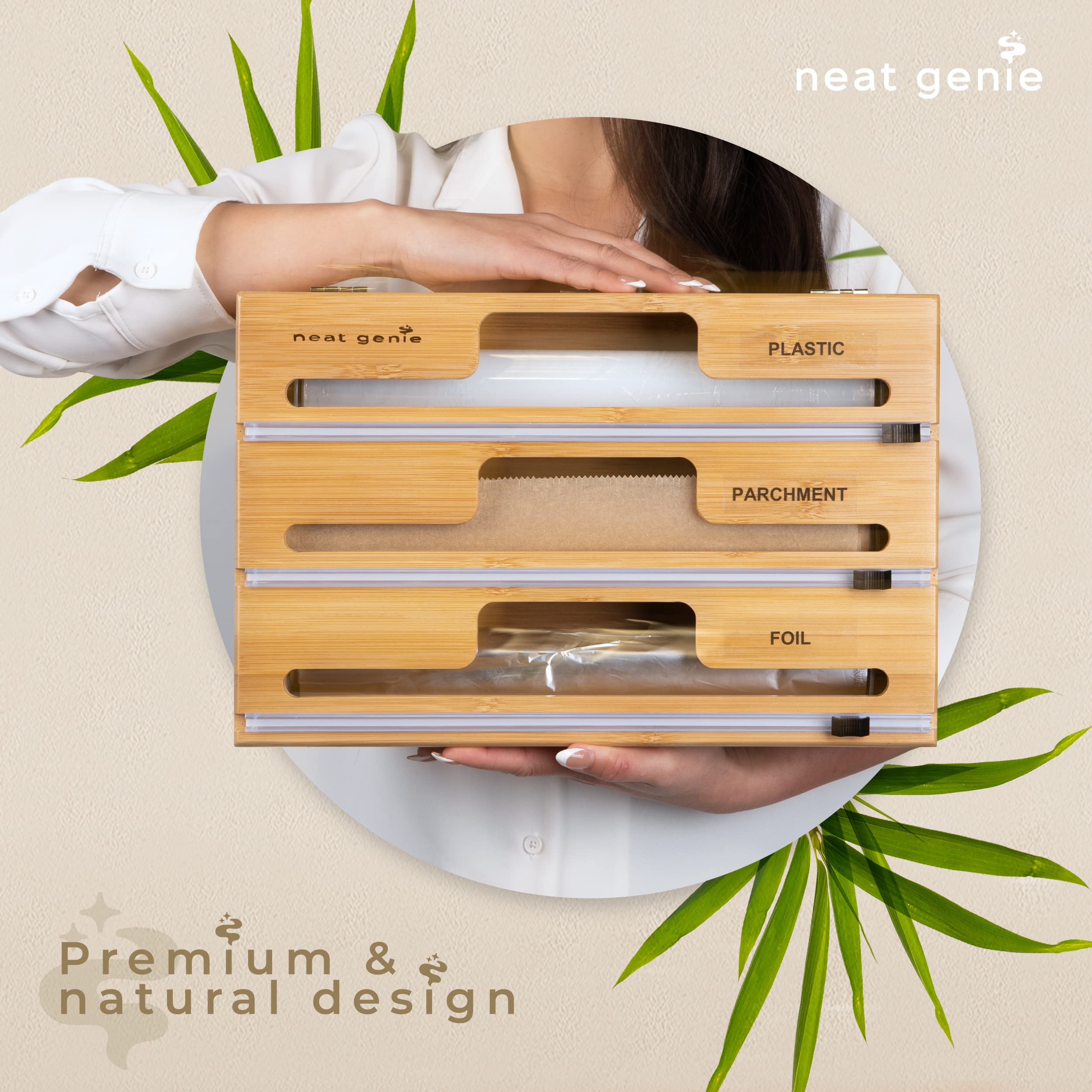 Neat Genie 3 in 1 Bamboo Foil and Plastic Wrap Organizer with Cutter - Foil and Plastic Wrap Dispenser with Cutter - Organizer Holds 12" Parchment, Foil, and Plastic Rolls