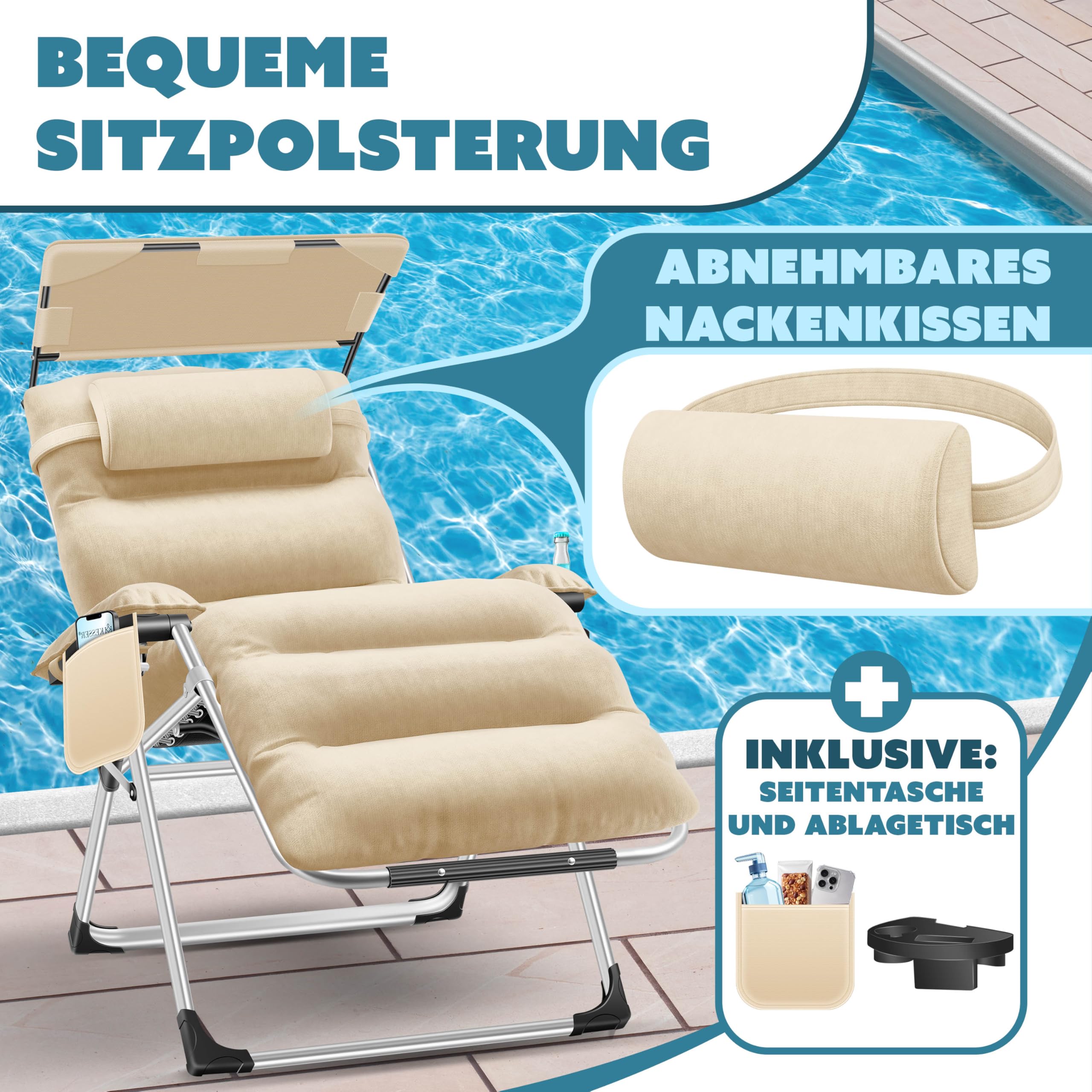 KESSER® Składany leżak ogrodowy XXL, odporny na warunki atmosferyczne, udźwig 200 kg, ergonomiczna poduszka, regulowane oparcie z poduszką pod kark, uchwyt na kubek i wyściółka do