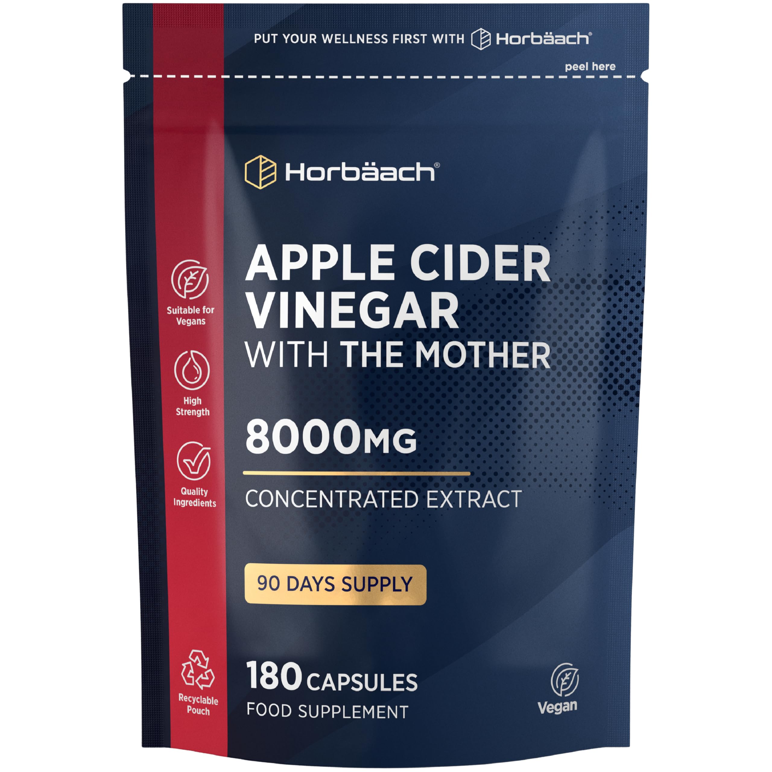 Apple Cider Vinegar Capsules with Mother 8000mg | 3-Month Supply | High Strength ACV | 180 Vegan Capsules (Not Tablets) | by Horbaach