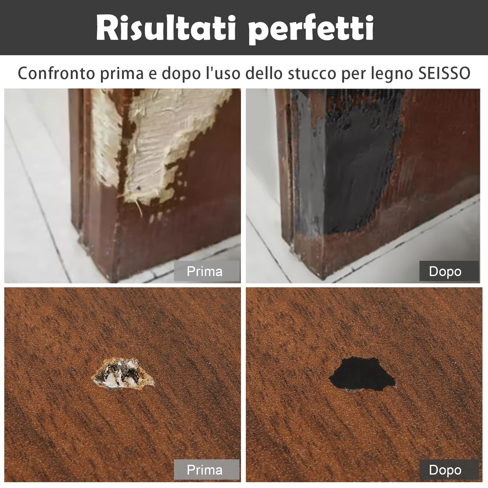 SEISSO 200g Stucco per Legno Nero, Kit di Riparazione per Mobili in Legno Stucco per Legno Mordente Verniciabile Levigabile