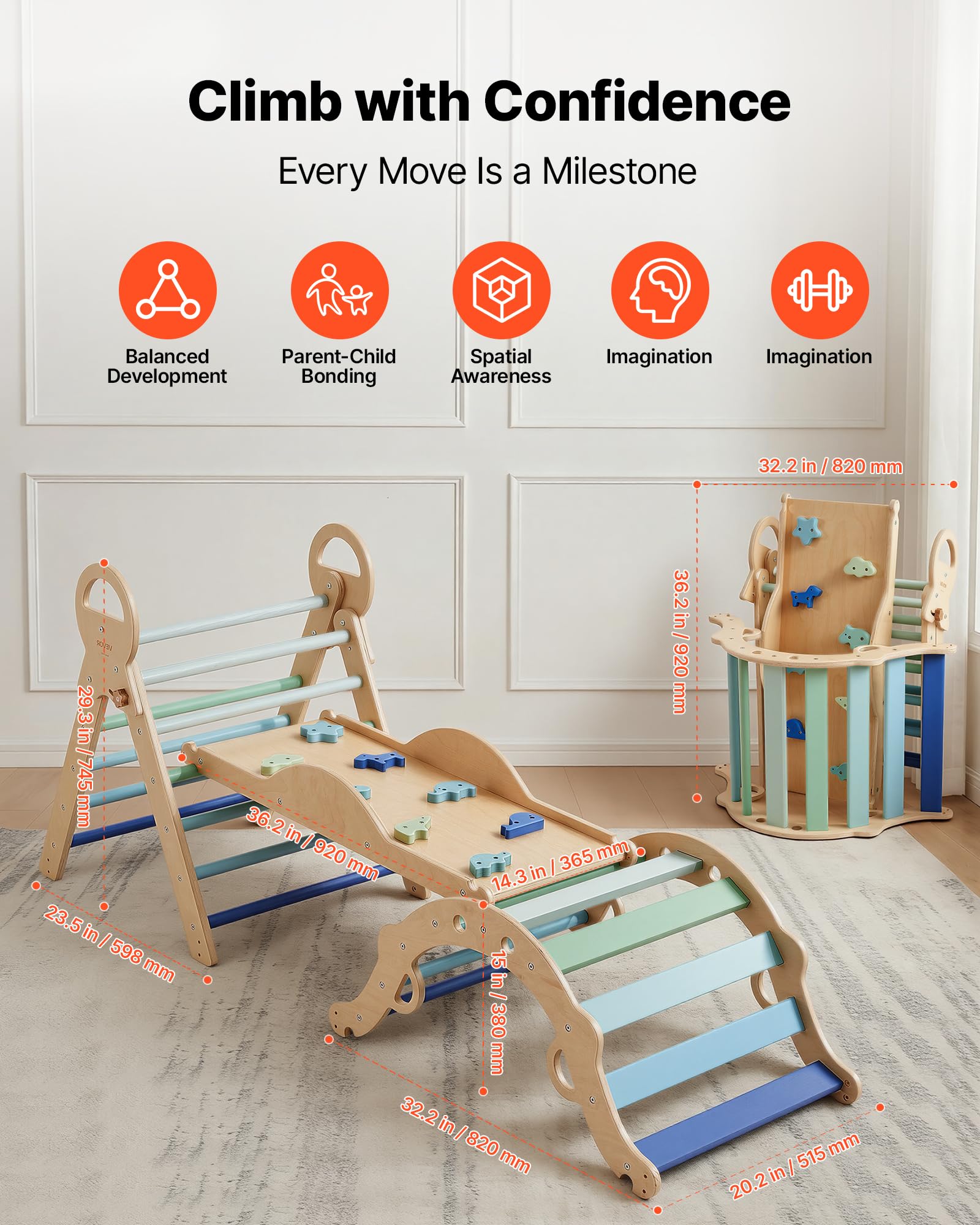 VEVOR Kletterdreieck 9-in-1 Kletterspielzeug mit Holzautos, Kissen, Rutsche & Kletterbogen, bis 68 kg, Montessori Indoor Spielset für Kinder 1-3 Jahre, Blau