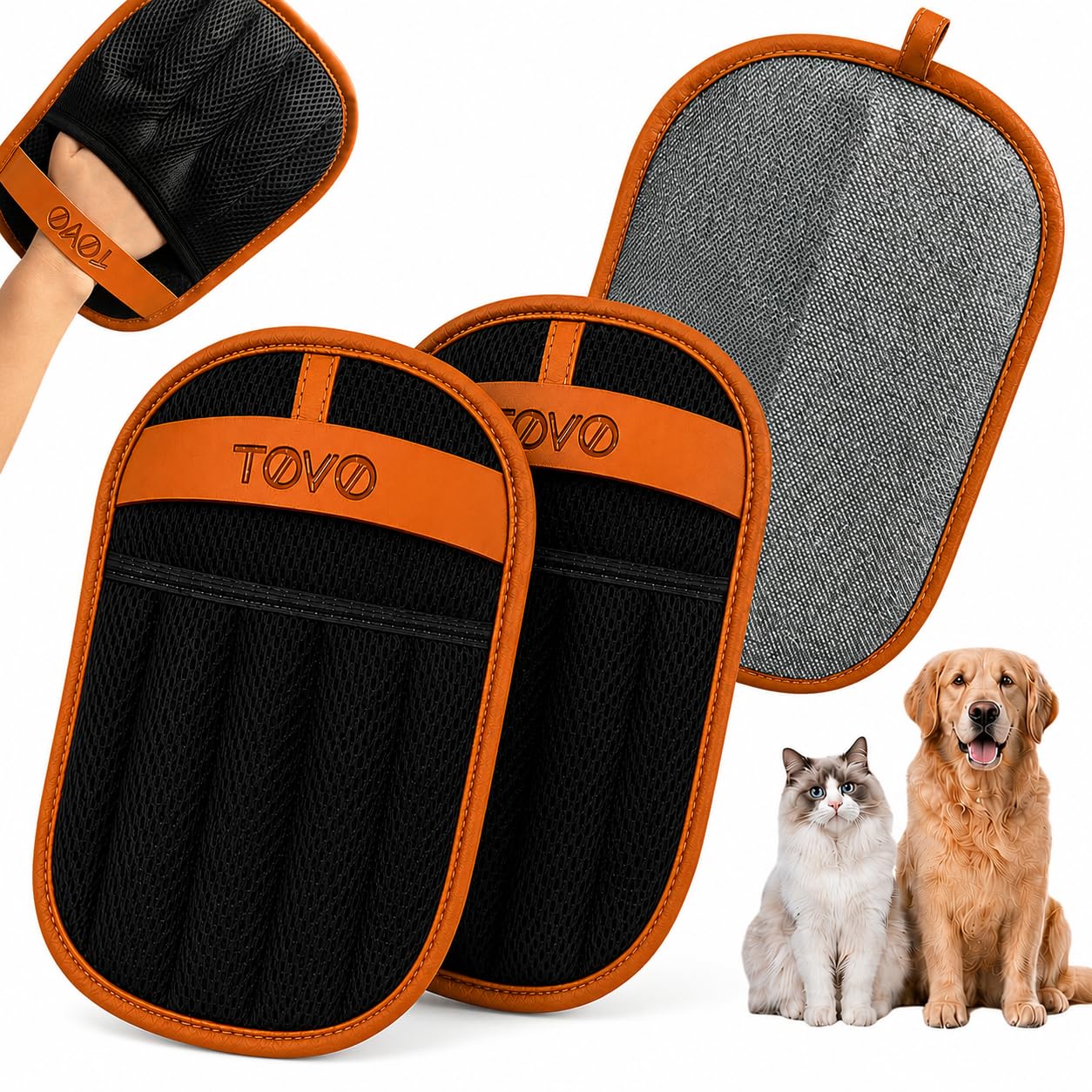 Confezione da 2 guanti per la rimozione dei peli degli animali domestici, con elettrostatico a cinque dita, strisce di pelle rinforzate, per cani e gatti, divani, tappeti, seggiolini auto e