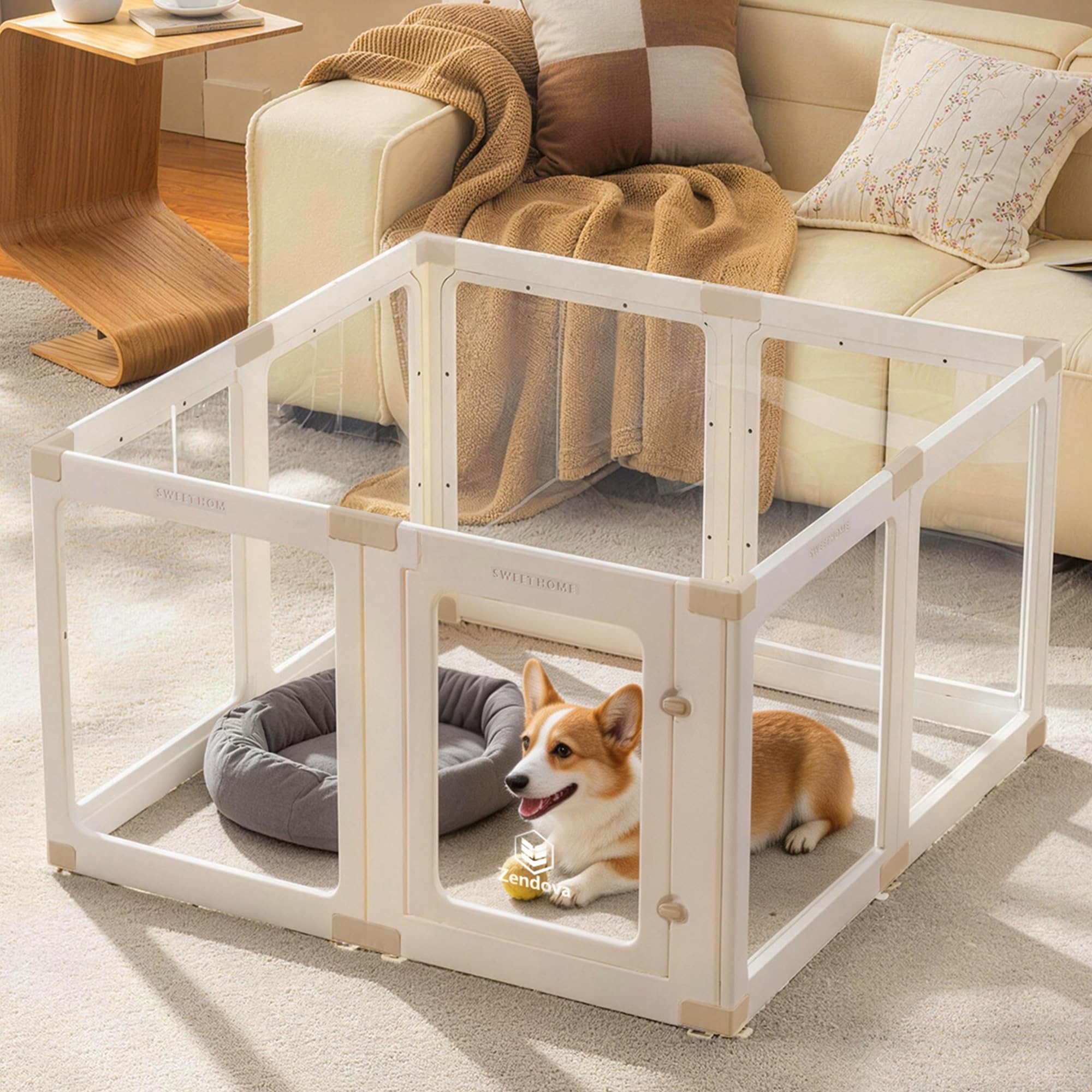 Recinzione per cani in acrilico per interni, 60 cm, per piccoli animali domestici, per cuccioli e cani, facile da montare, con connettori di blocco cachi (bianco, 8 pannelli)