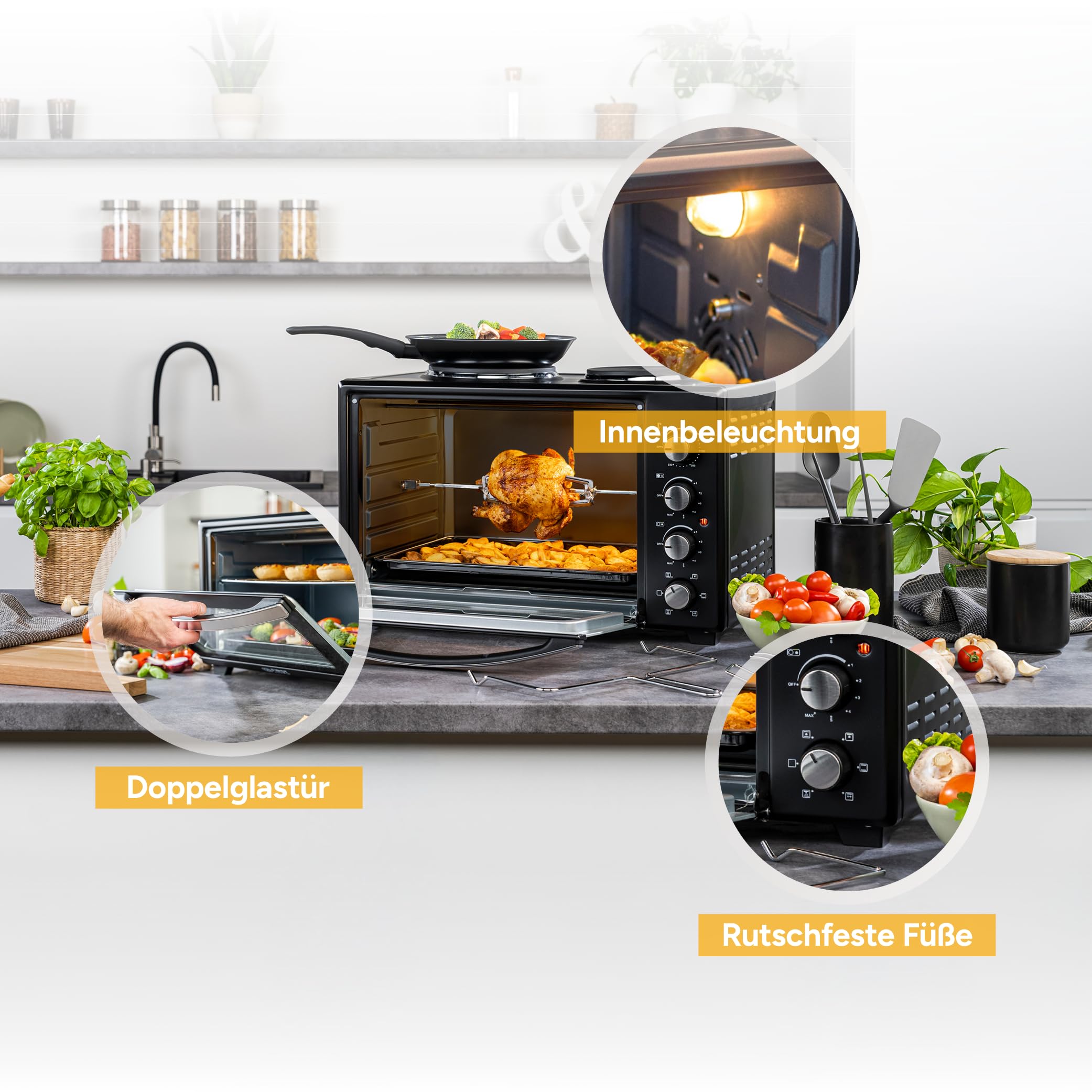 TZS First Austria - Minibackofen mit Kochplatten 60L 3200 W - Mini Backofen Pizzaofen mit Herdplatten bis 230°C & 6 Heizmodi - Miniofen Kombigerät mit 4 Einschubhöhen & hochwertigem Zubehör