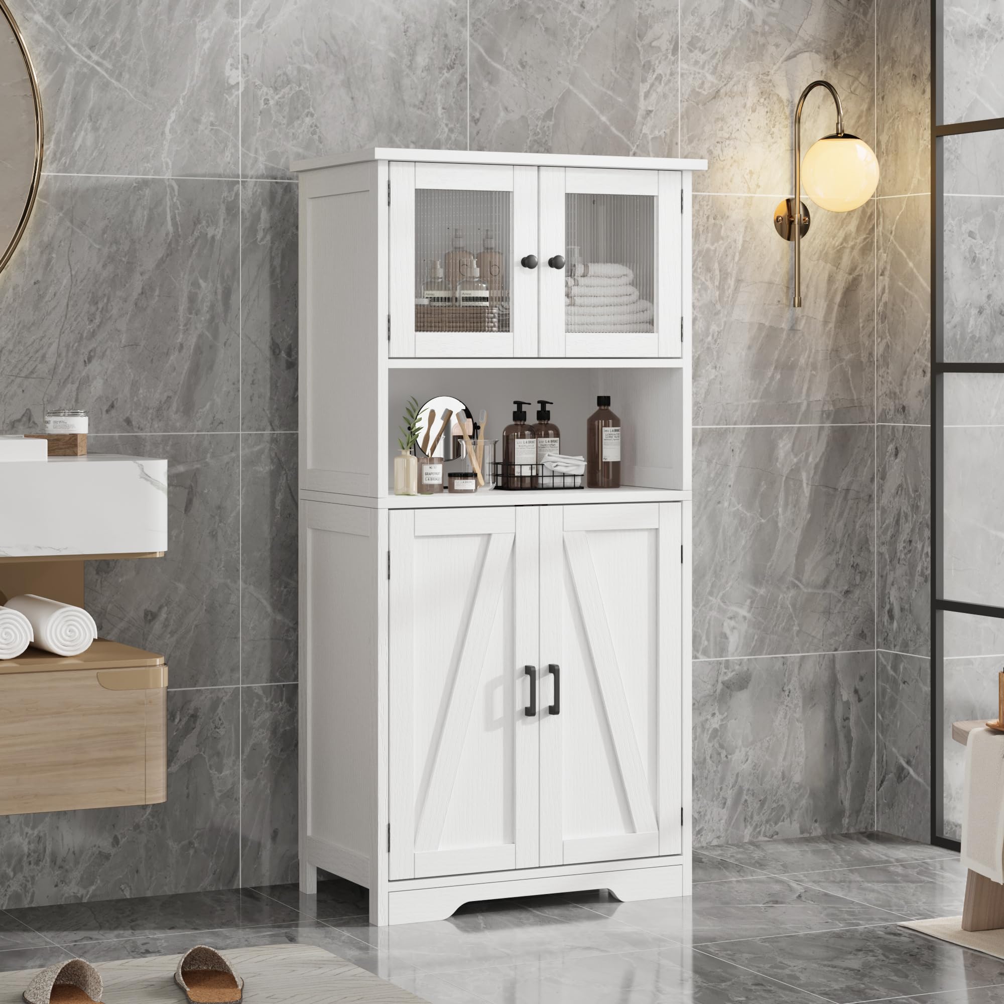Zstar 50.4" Gabinete De Almacenamiento Grande De MDF con 4 Puertas y 1 Compartimento Abierto, 2 Puertas De Vidrio, Estantes Ajustables para Cocina, Dormitorio, Sala o Pasillos, Blanco.