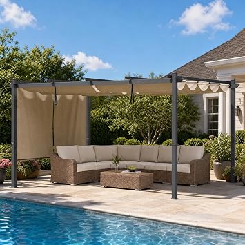 BPS 12 x 14 Aluminum Outdoor Pergola with Sun Shade Canopy & Roller Shade