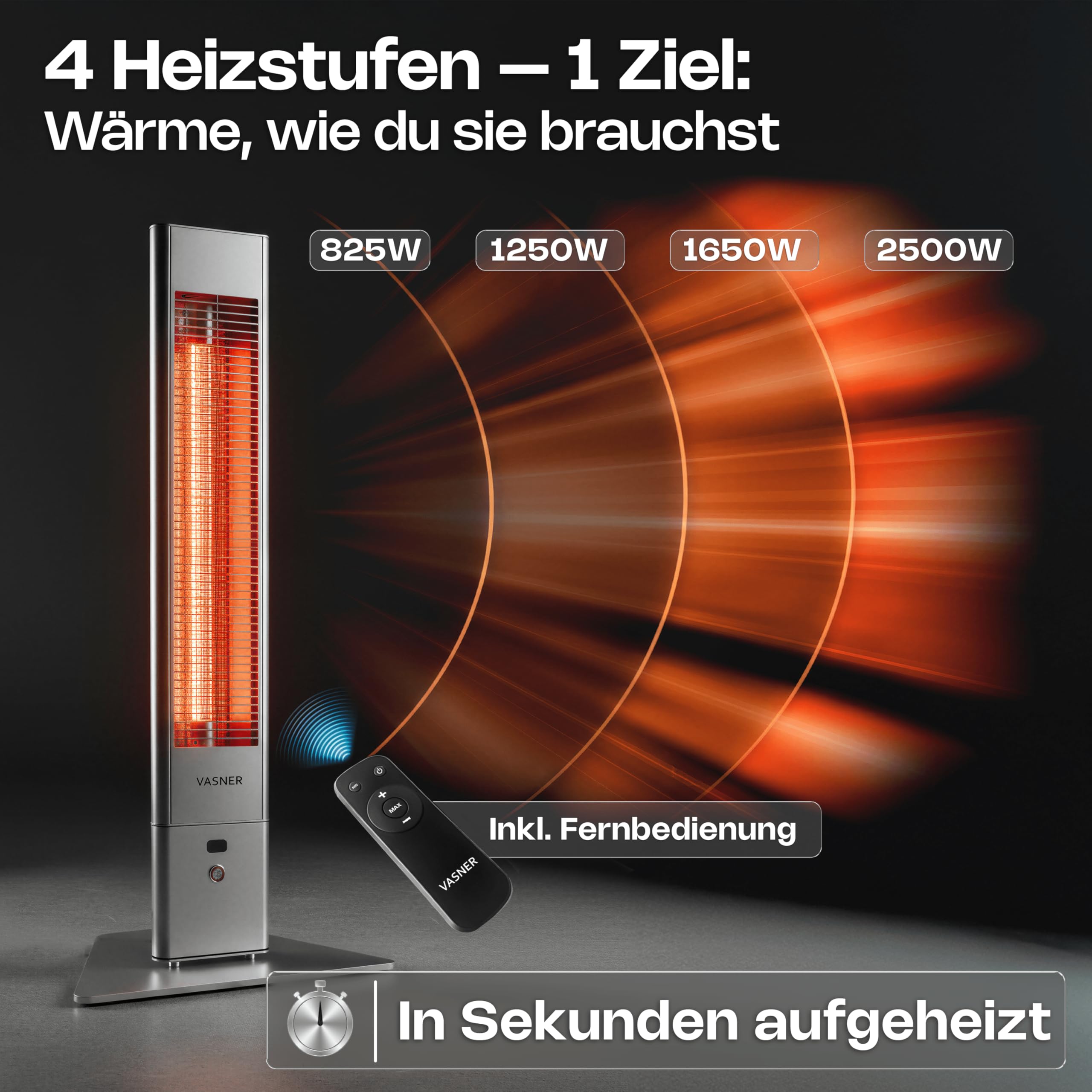 VASNER HeatTower Infrarot Heizstrahler Terrasse 2500 Watt 4 Heizstufen Standheizstrahler elektrisch mit Fernbedienung IP65 Schutz für Outdoor oder Bad