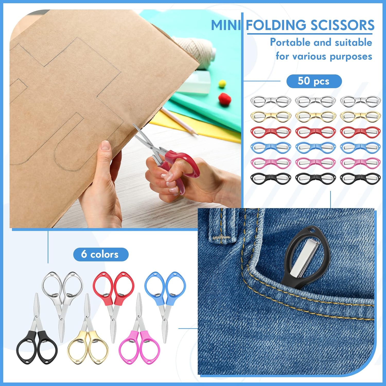 Lothee 50 Pcs Mini Folding Scissors Small Travel Foldable Scissors Stainless Steel Portable Cutter Anti Rust Bulk Multipurpose Glasses Shaped Cutter for Craft Sewing Nurse School Office