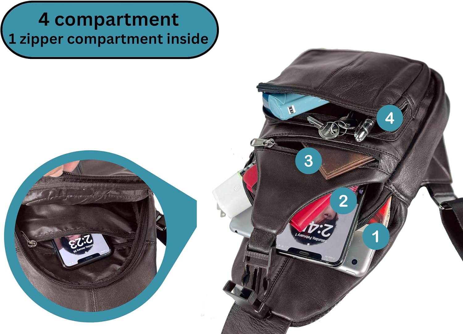 Bullz Crossbody Backpack Travel Hiking Chest Bag Daypack Leather Sling Bag for Men and Women (Brown) - Image 3