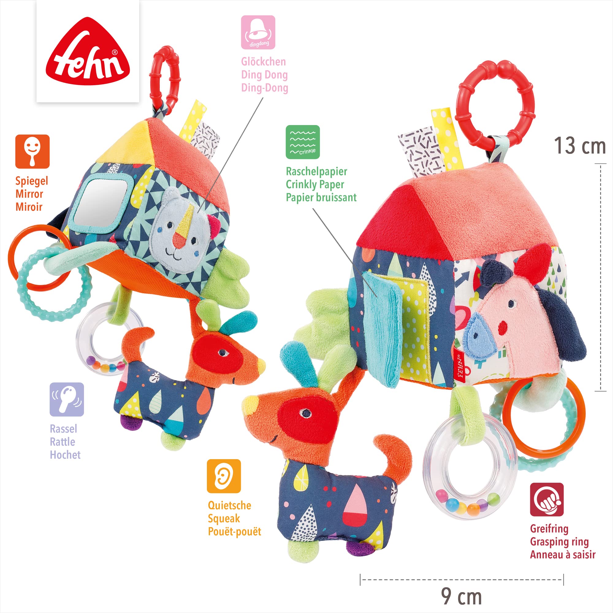 Fehn 055269 Activity Haus COLOR Friends zabawka do zawieszenia dla niemowląt i małych dzieci od 0 miesięcy – wspomaga zmysł dotykowy i motorykę precyzyjną – rozmiar: 13 x 9 x 9 cm, Dom