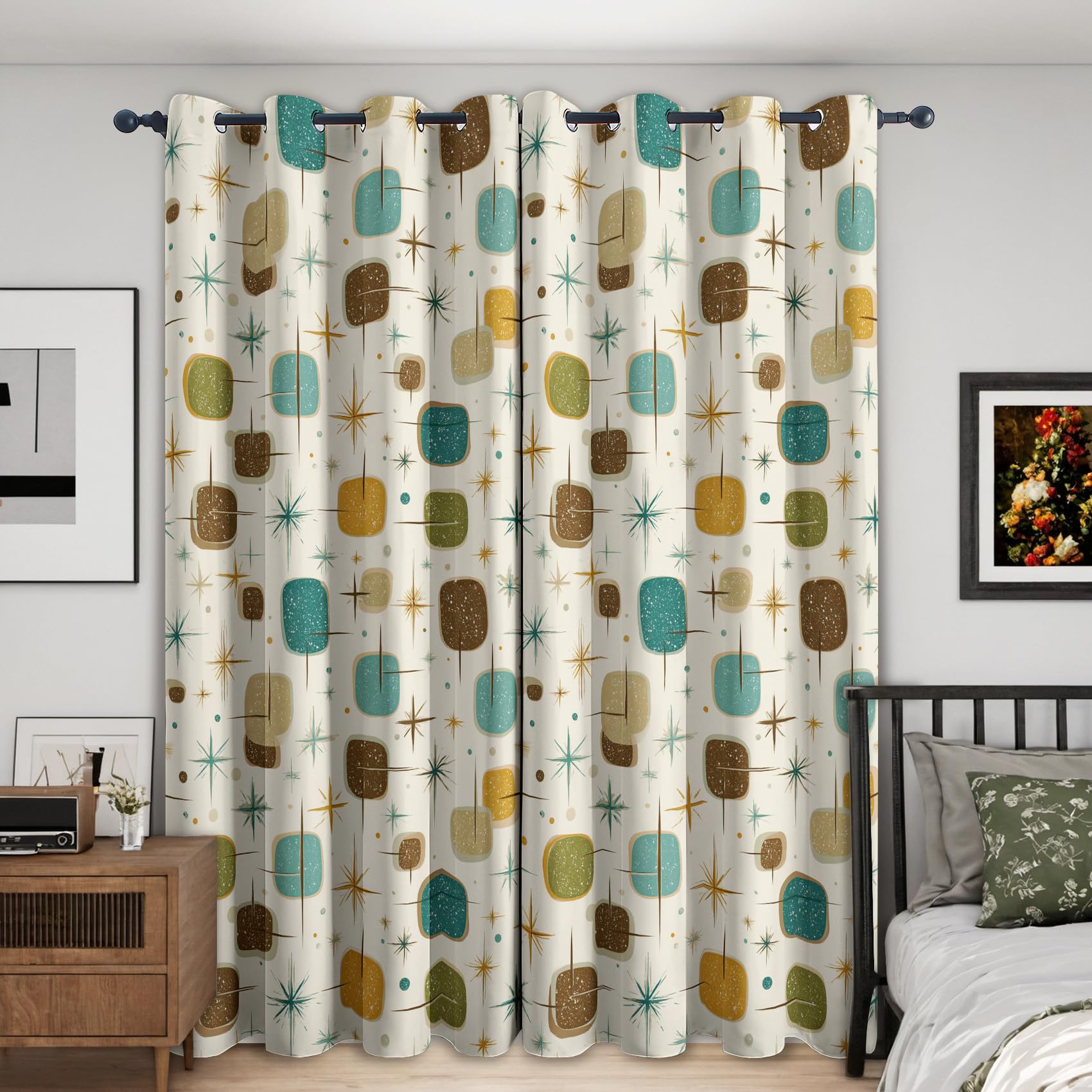 Mid Century Modern Vorhang Mit ösen Blickdicht, Retro Geometrisch Vorhänge Schlafzimmer Wohnzimmer Küche 140 x 160 cm Lang, Übergardinen Innen Verdunklungsvorhänge