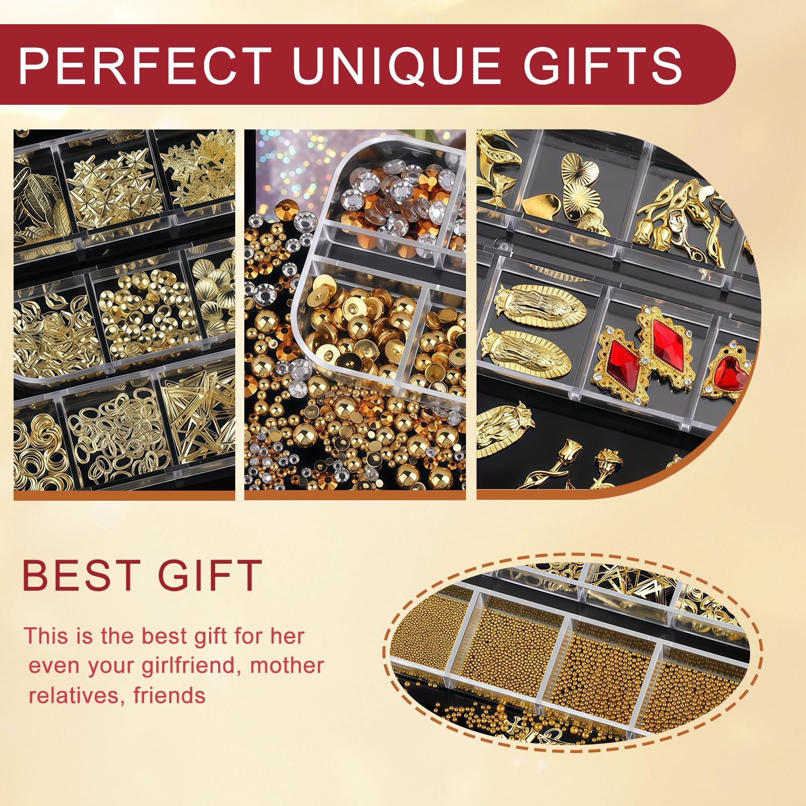 Lilbitty Gold Paznokci Charms & Nail Gems Set, 4 pudełka z perłami do paznokci i kamieniami, 3D Krzyż Serce Charms, Akcesoria do zdobienia paznokci z pęsetą i kredką do wosku