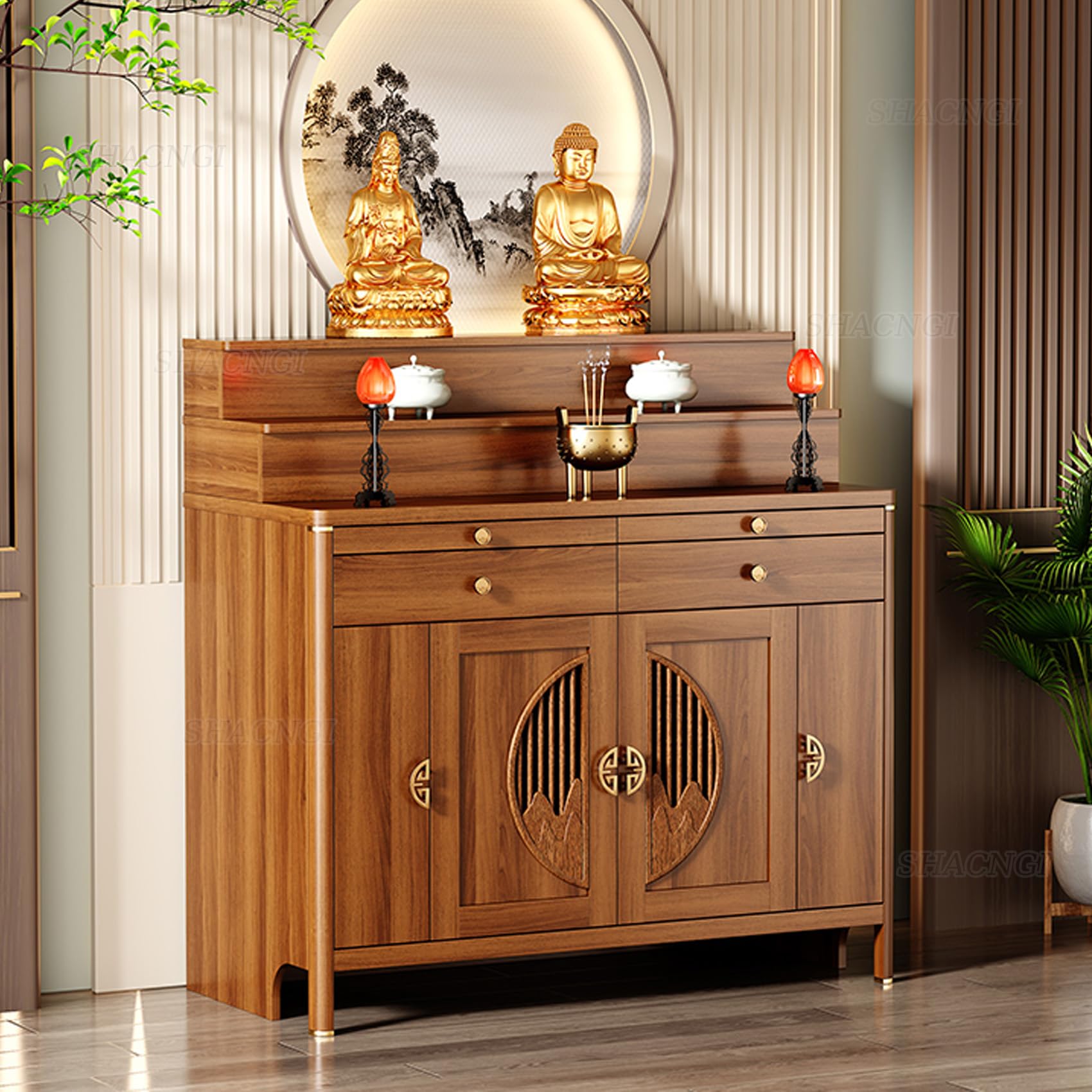 Solid Wood Personal Shrine Altar Table with Large Storage Cabinet, Buddhist Altar Cabinet with Drawer, Meditation Prayer Table (49.6" X 23.6" X 50")