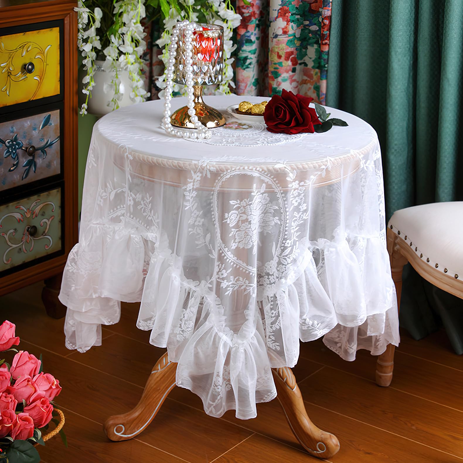 auons Vintage White Lace Tablecloth with Flowers, Embroidered Ruffles Table Cloth Square, French Rustic Elegant Chic Table Cover for Wedding Party