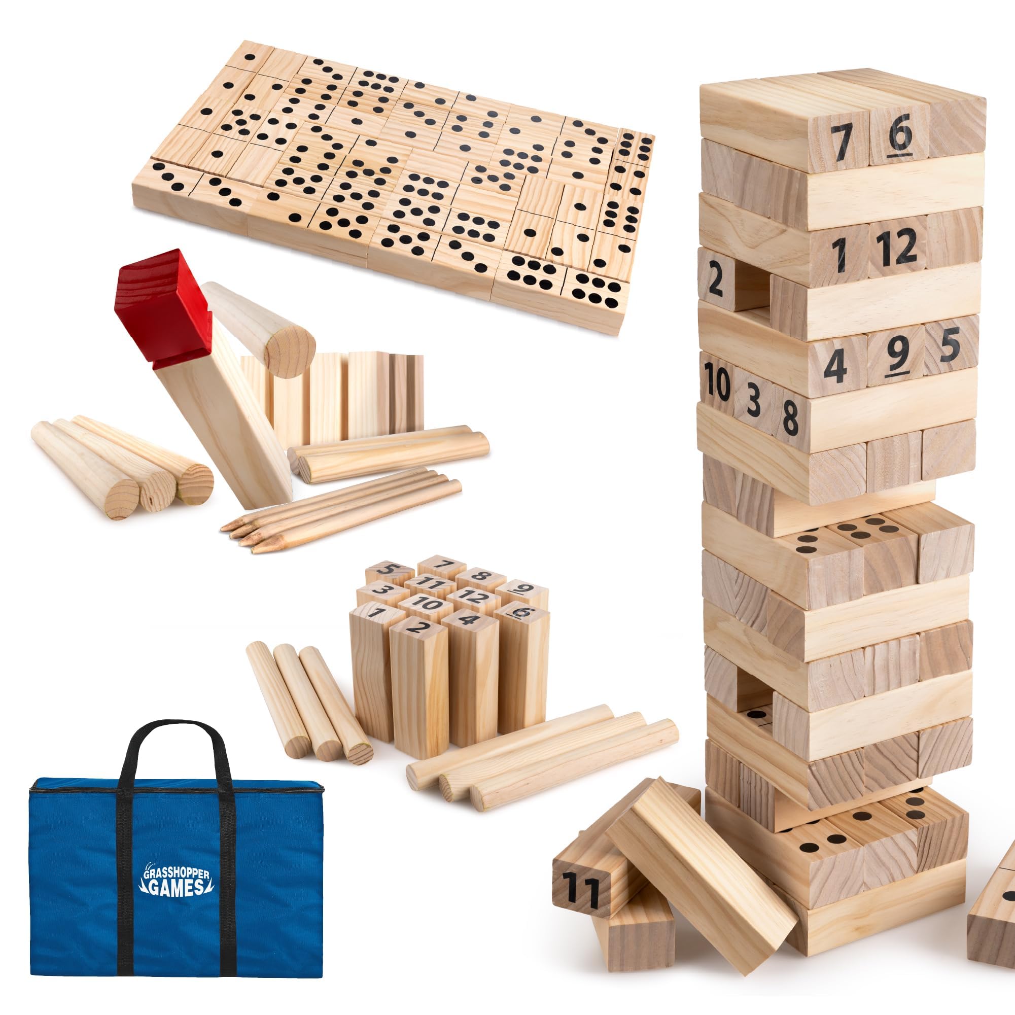 Giant 4 in 1, Stack āNā Fall, King Kubb, Dominoes, Number Kubb, Outdoor Family Garden Games for Kids and Adults