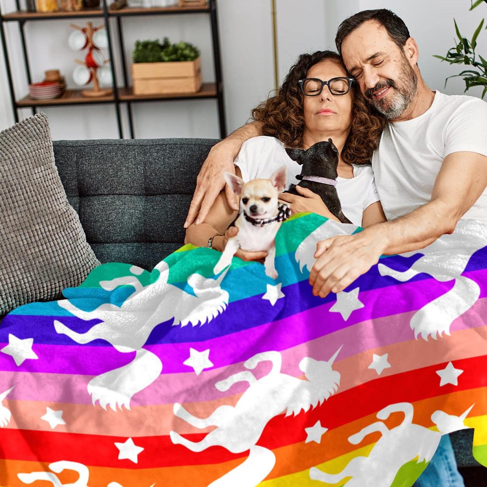 Coperta In Pile Unicorno Sherpa 127x152 Cm - Plaid Morbido Con Arcobaleno E Stelle Per Divano E Letto