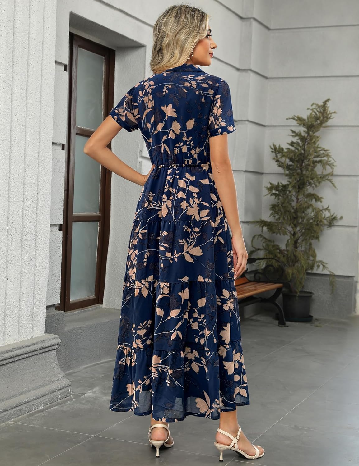 Kranda Women 2026 Summer Collared V Neck Short Sleeve Button Down Chiffon Long Tiered Floral Maxi Dress with Pockets