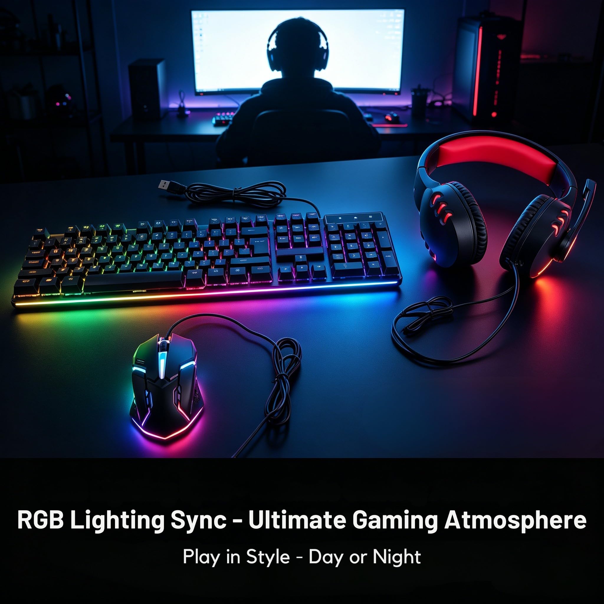 T-WOLF TF800 Combo gioco in quattro pezzi Tastiera 104 tasti Mouse con luce respiratoria a 4 colori Cuffie gioco 3,5 mm Tappetino per mouse antiscivolo