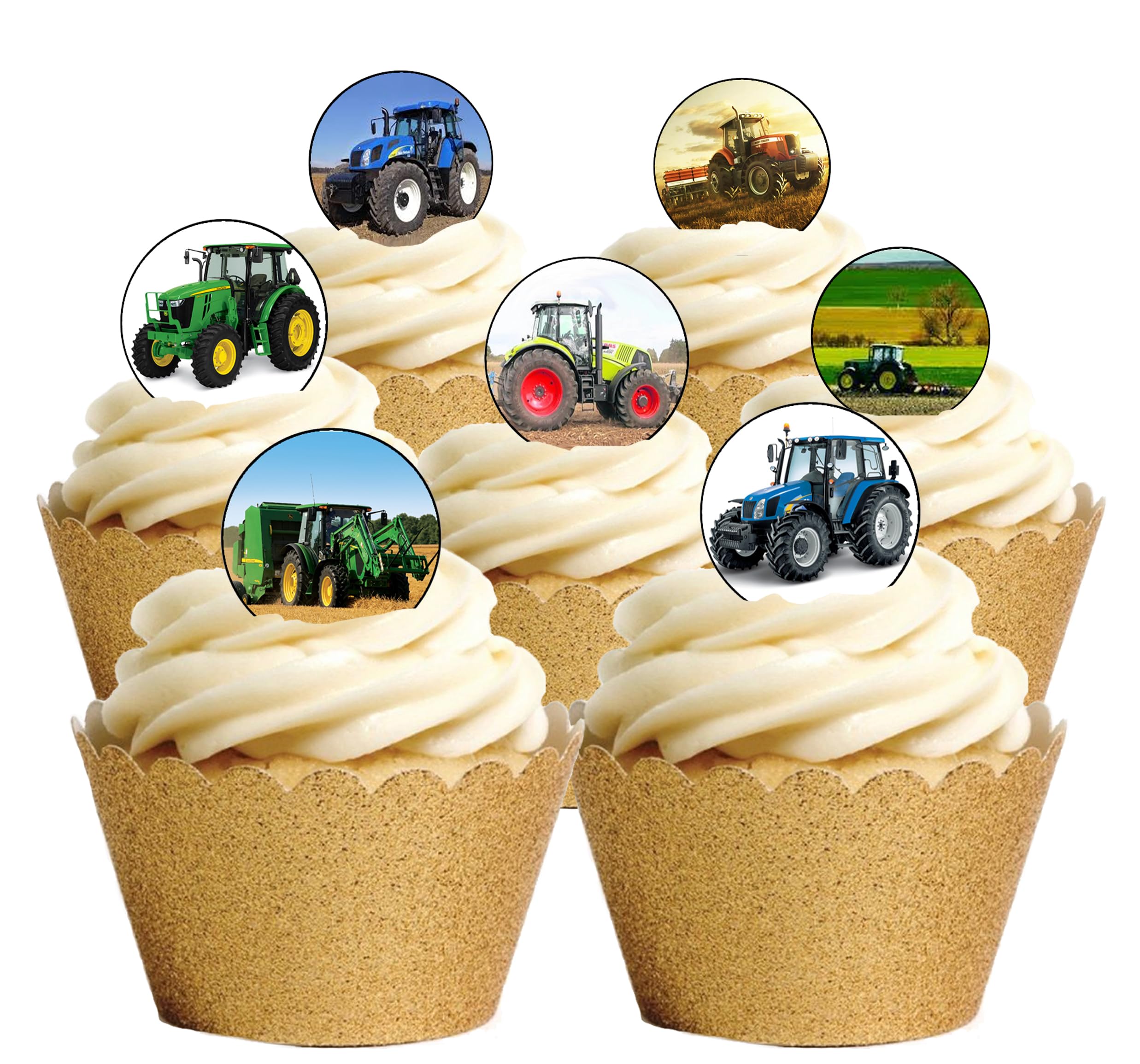 Top That Multicoloured 48 Round Edible Wafer Paper Tractors And Diggers Farming Themed Cake Toppers Decorations