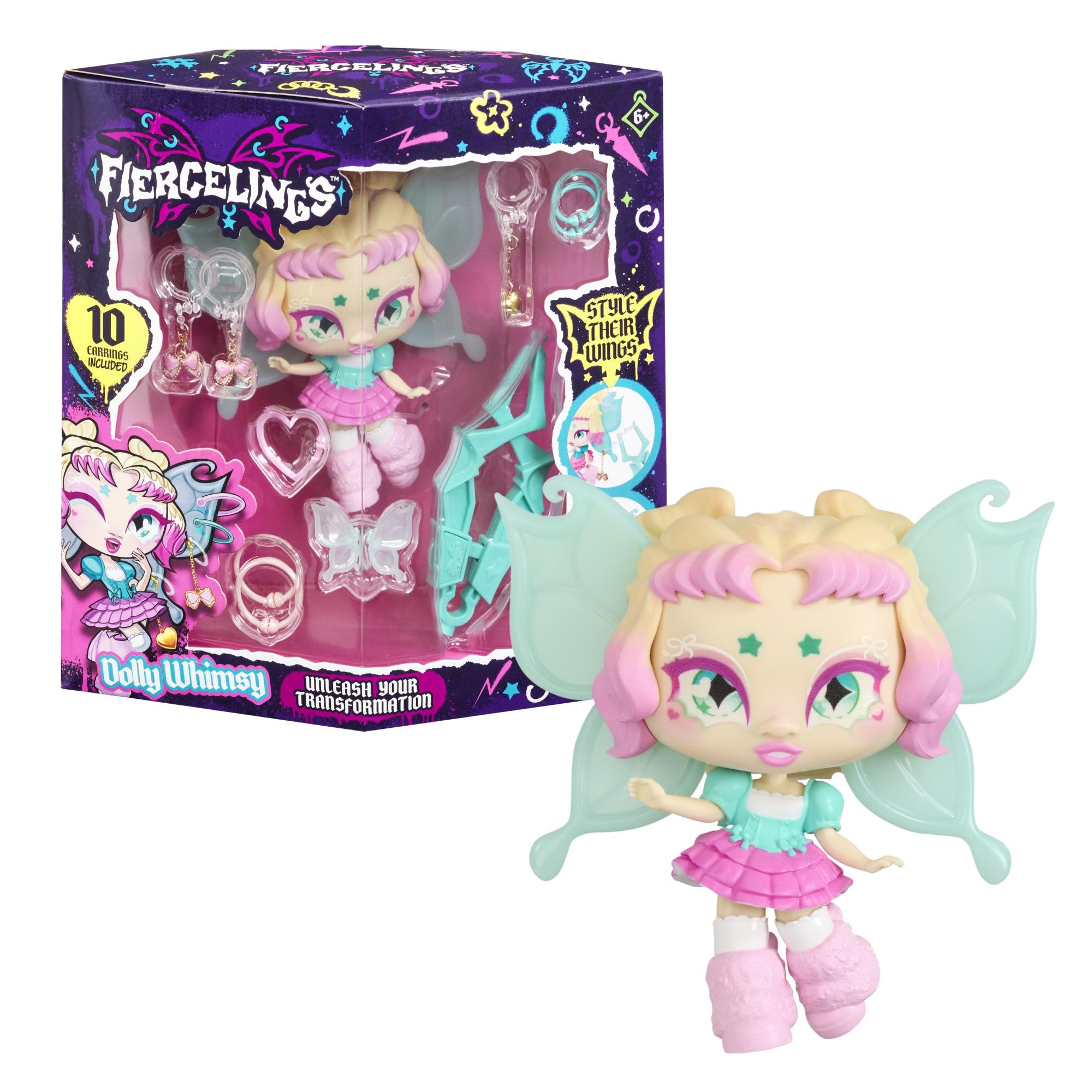 Goliath Fiercelings Dolly Whimsy | Style Their Wings & Collect Them All! Customizable Doll with 10 Earrings & Magic Piercing Tool Included | Gifts for Kids Ages 6+