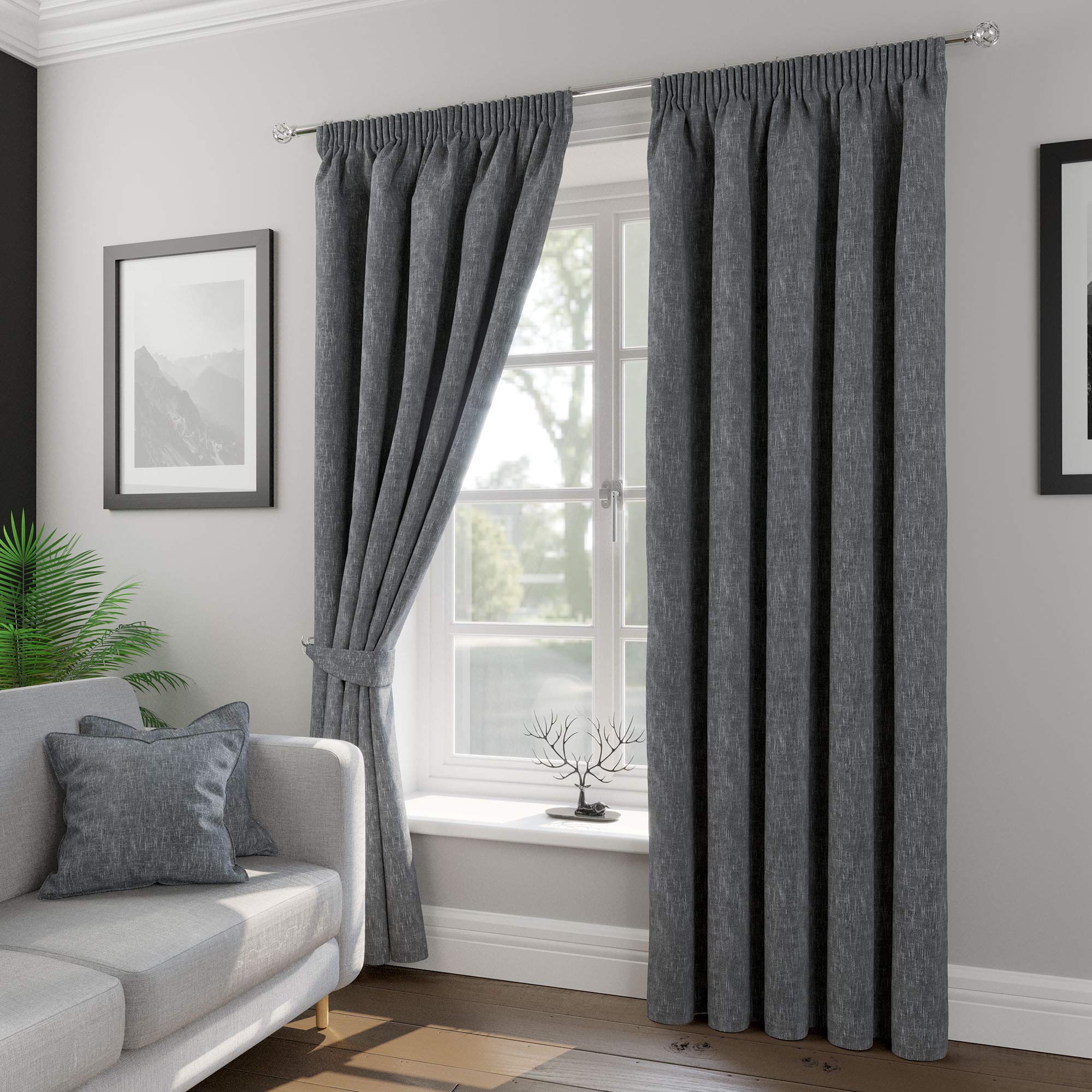Tatton Charcoal Grey Weave Effect Lined Curtains With A Standard 3" Header Tape. 8 Sizes. Cushion Covers & Tie Backs Also Available (46" X 54")