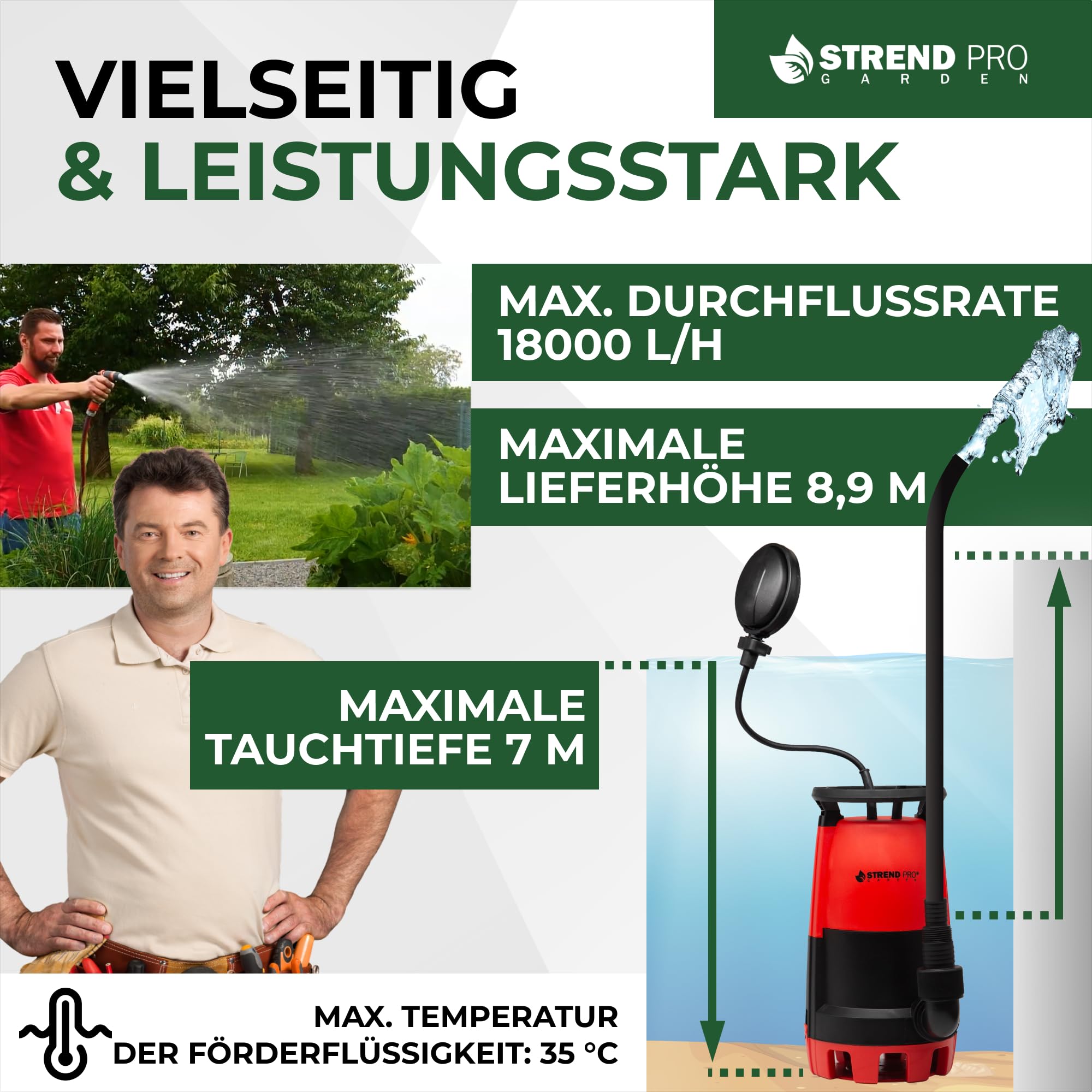 STREND PRO Tauchpumpe MC900E | FLACHSAUGEND ab 1mm | mit SCHWIMMERM | 900W, 18000 l/h | Wasserpumpe | KLARES UND TRÜBES WASSER aus Schwimmbädern, Stauseen, Brunnen, Schächten | Schmutzwasserpumpe