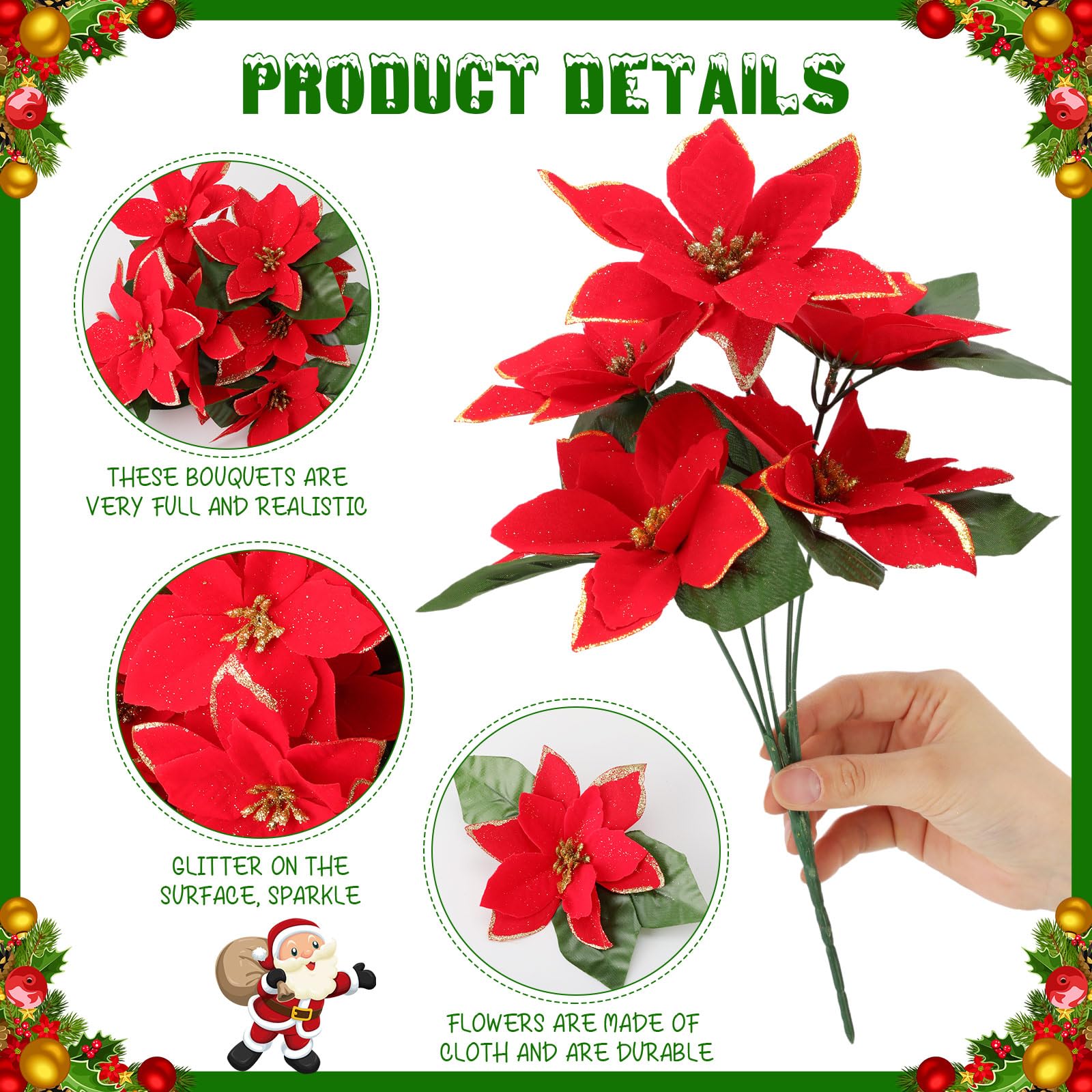 Hotop Künstliche Sträucher mit Glitzer, Weihnachtsstern, 32,6 cm, Weihnachtsstern, Sträucher, Weihnachtsdekoration, Ornamente für drinnen und draußen, Rot mit Goldrand, 8 Bündel