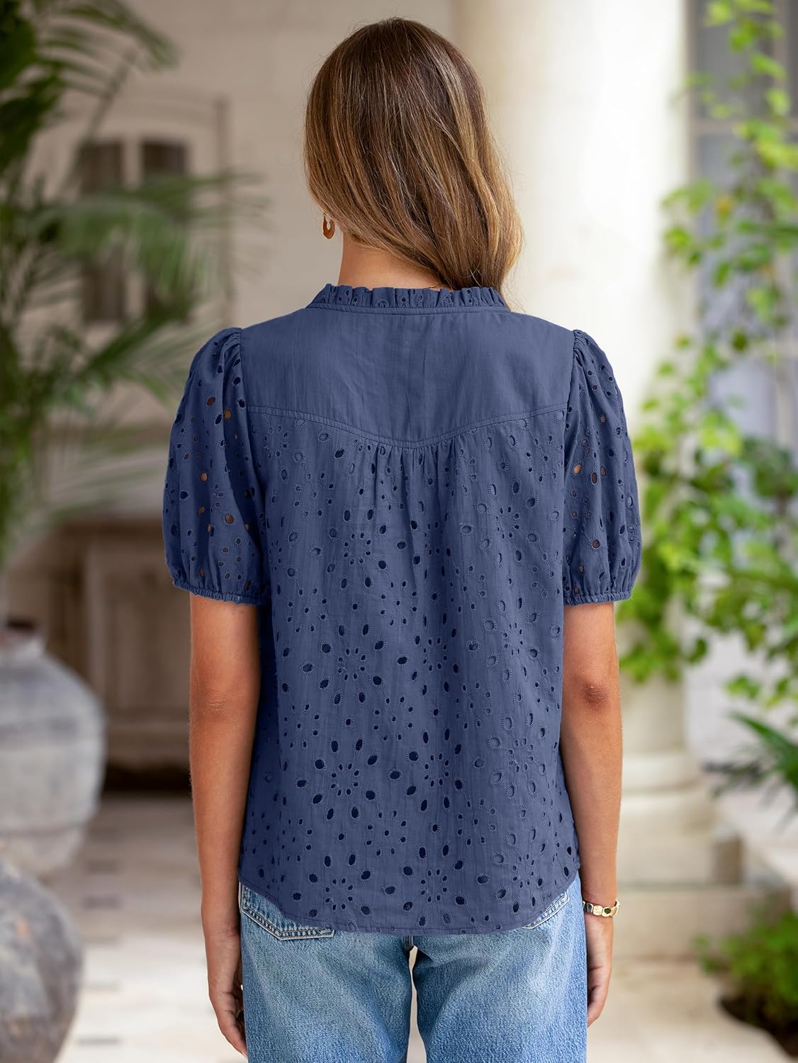 Glamaker Womens Summer Tops Blouse 2026 Casual Eyelet Embroidered Short Puff Sleeve Lace Hollow Out Button Dressy Shirts - Image 6