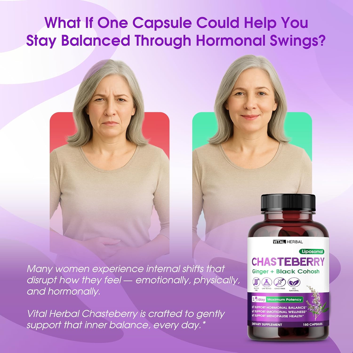 VITAL HERBAL Liposomal Chasteberry with Ginger & Black Cohosh – Supports Hormone Balance, Emotional Wellness & Menopause Health – 150 Capsules - Image 2