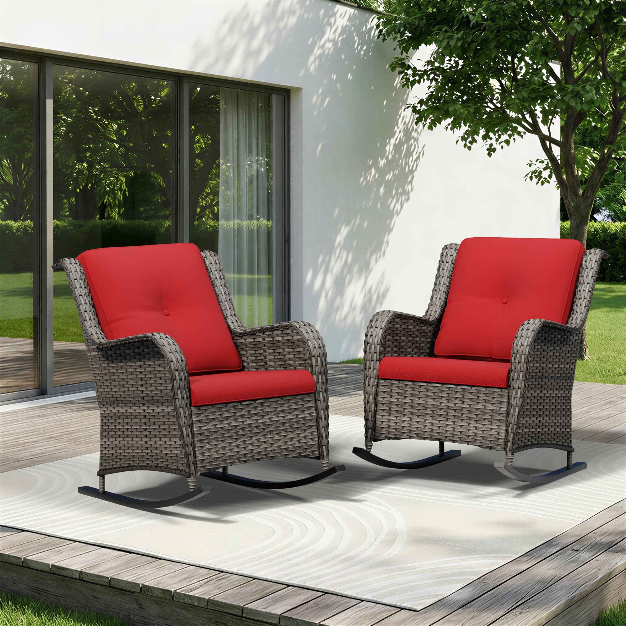 Patio Rocking Chairs Set of 2, Outdoor Wicker Patio Furniture Set 2 Pieces with Thickened Olefin Cushions, High Back and Deep Seating, Hand-Woven PE Rattan for Porch, Deck, Red