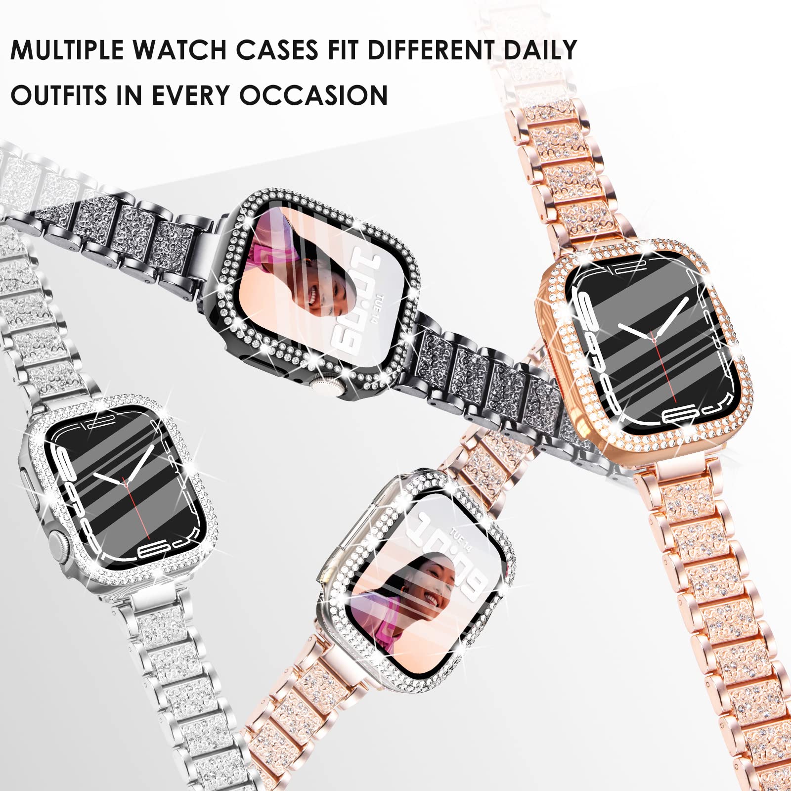 WINGLE Confezione da 10 custodie protettive per Apple Watch da 45 mm, serie 9, 8, 7, con vetro temperato, con strass, per Apple Watch iWatch 9/8/7 da donna, 45 mm
