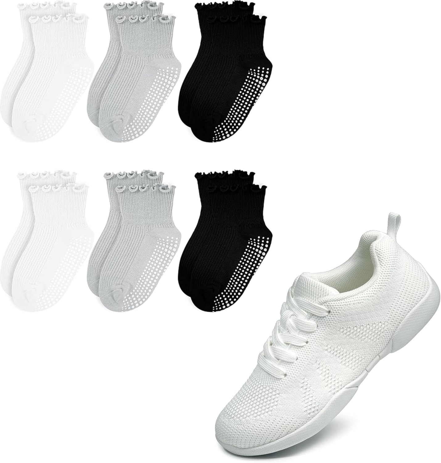 Kids Frilly Ruffle Crew Socks with Girls Cheerleading Shoes 6 Pairs White White Grey Grey Black Black 5-6 Years & White Size 11.5 M US Little Kid