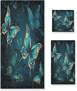 Blue Gold Butterfly Bathroom Towel Set Absorbent Soft 3-Piece Bath Towel Hand Towel Washcloth Decorative Towels for Bathroom Gym Hotel Beach Swimming Pool