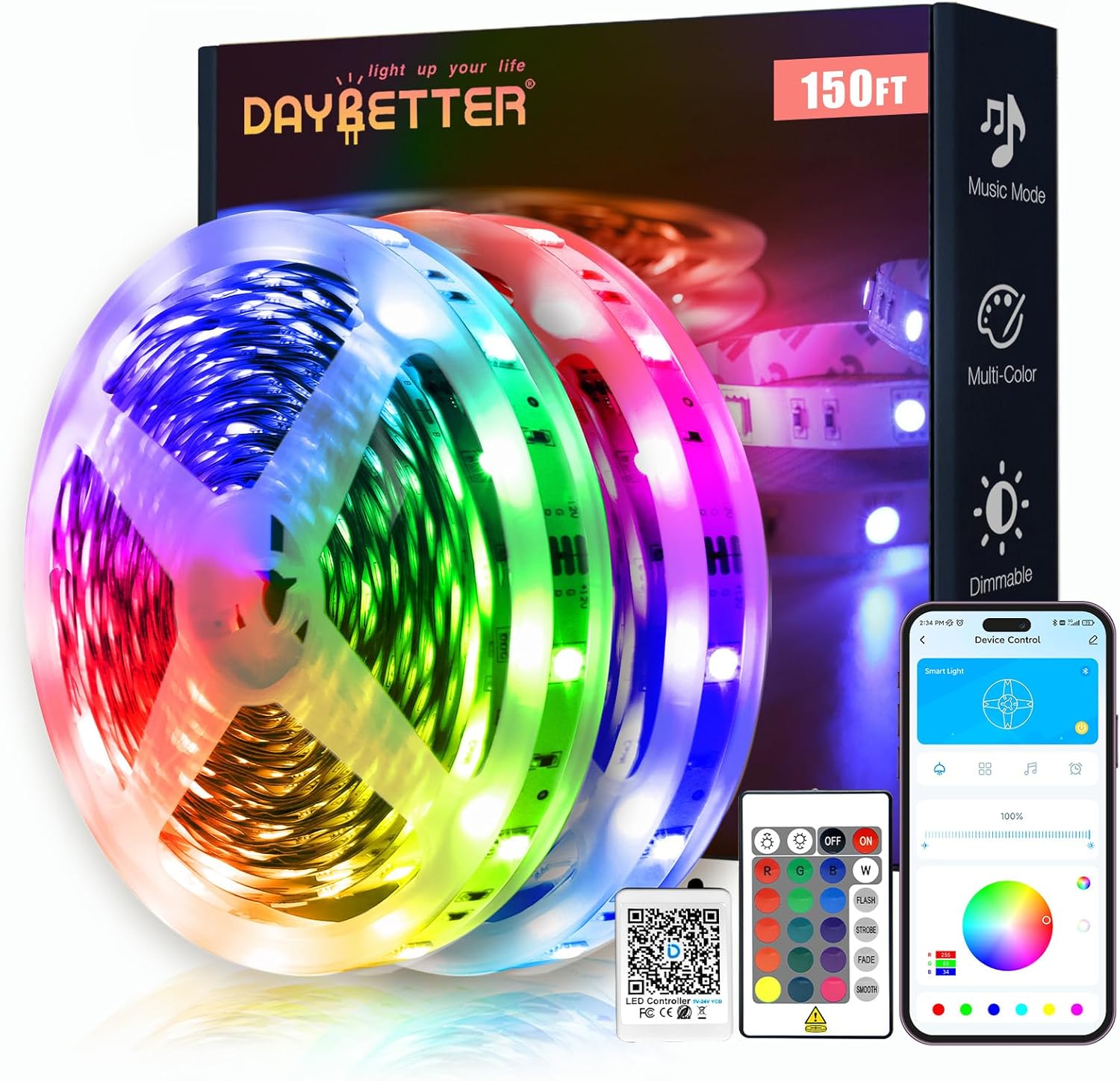 DAYBETTER Sensible RGB Led Strip Lights, 150ft Led Lights for Bed room with App Management, Multicolor Altering Led Gentle Strips Apply for Dwelling Decor, Residing Room, Kitchen, Dwelling Celebration Ornament